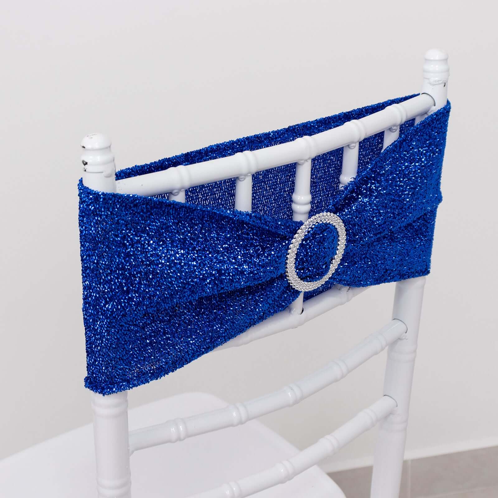 5 Pack Chair Sashes Shimmer Tinsel Spandex 5x12 with Silver Rhinestone Buckles Royal Blue - Stylish Chair Bands