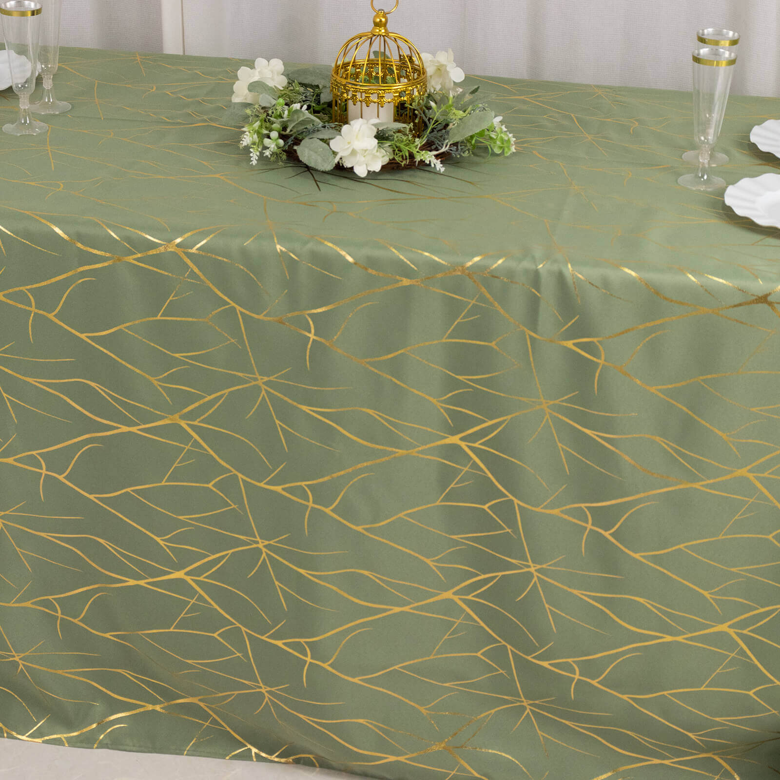 Polyester 90x132 Rectangle Tablecloth Dusty Sage Green with Gold Foil Tree Branch Pattern - Wrinkle-Resistant Seamless Table Cover