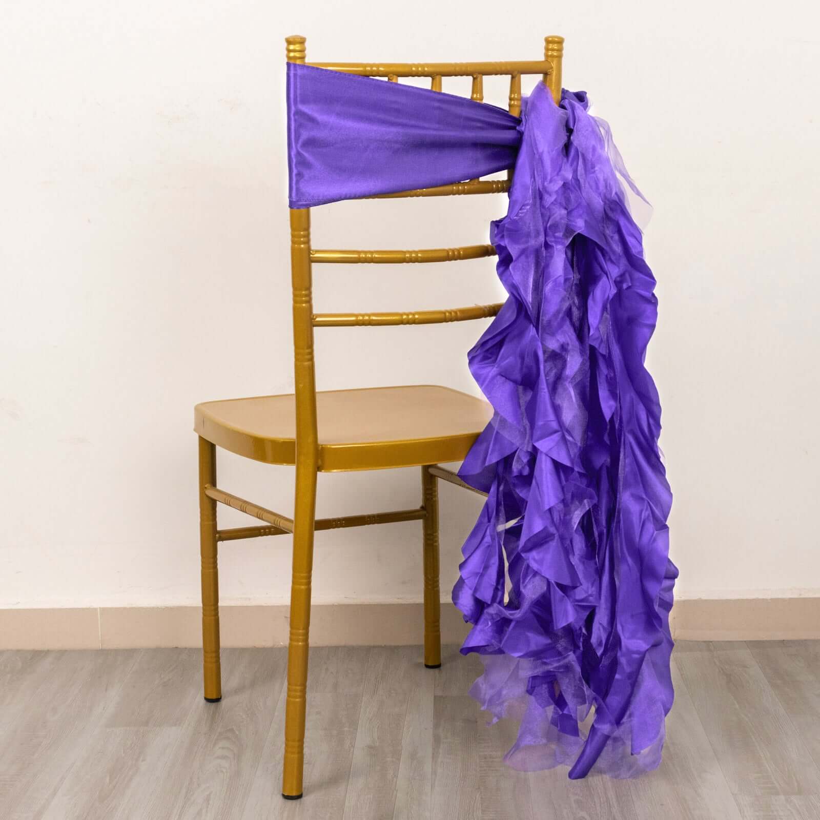 5 Pack Chiffon Satin Chair Sashes Purple - Easy to Install Ruffled Curly Willow