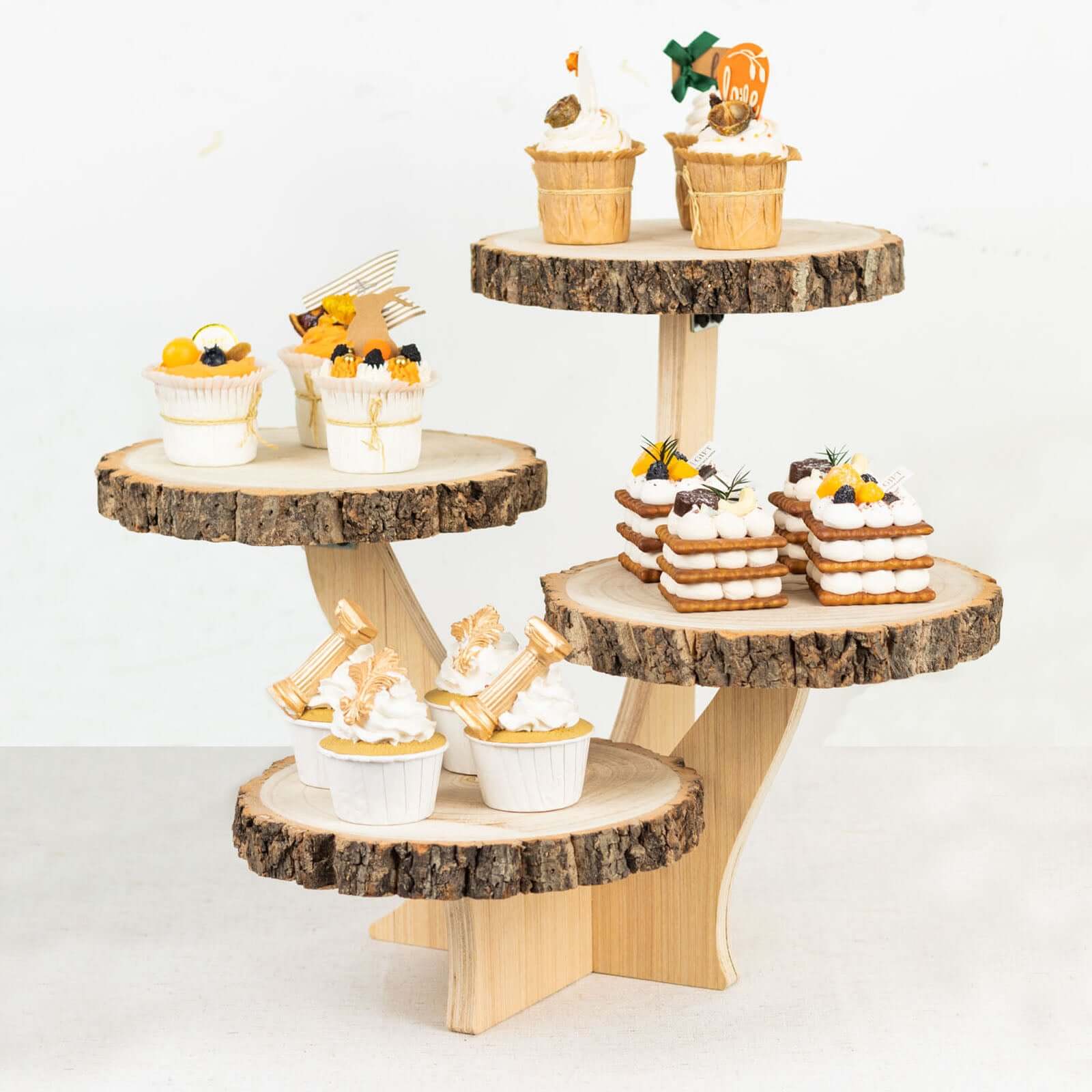 4-Tier Wooden Cupcake Stand Farmhouse Style Natural Wood Slice Design - Rustic Dessert Display Cake Holder 15 Tall