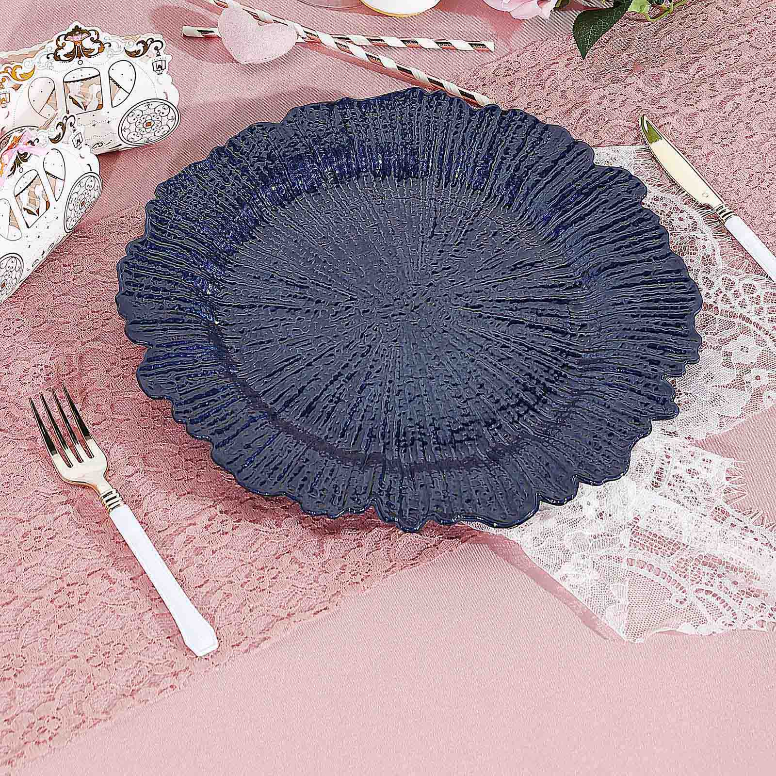 6-Pack Acrylic Plastic Round Charger Plates 13 in Navy Blue with Reef Design, Dinner Charger Tableware