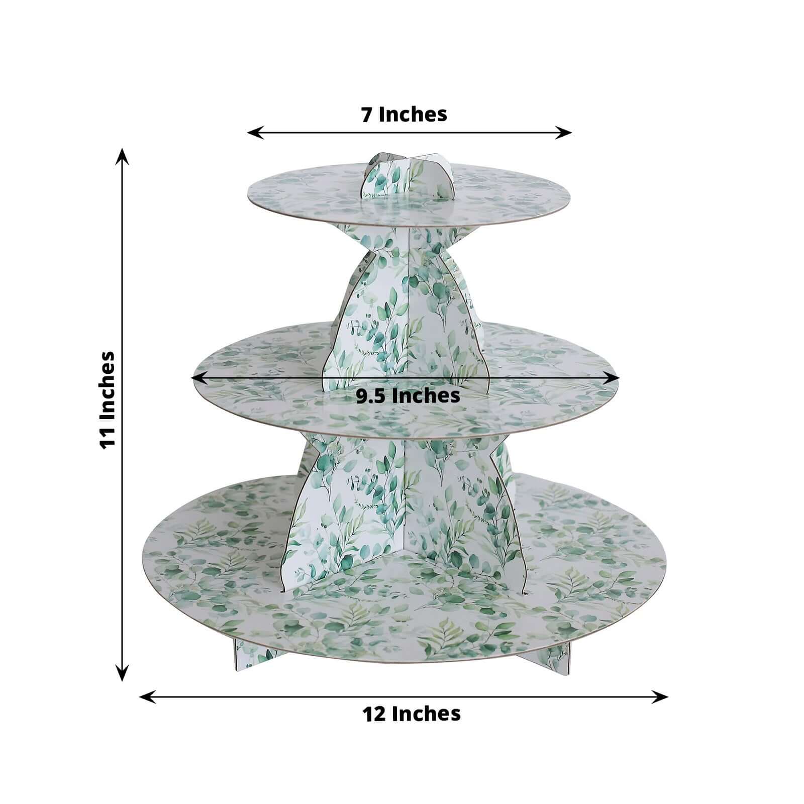 3-Tier Cardboard Cupcake Stand White with Green Eucalyptus Leaves Pattern - Reusable Dessert Display Stand Round Serving Platter for High-Tea Gatherings Weddings & Spring Celebrations 11