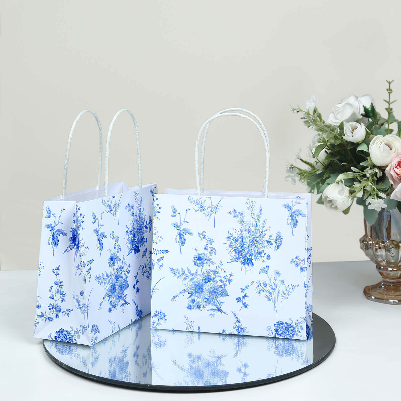 12 Pack White Blue Paper Gift Bags With Handles in French Toile Pattern, Party Favor Goodie Bags - 6x7