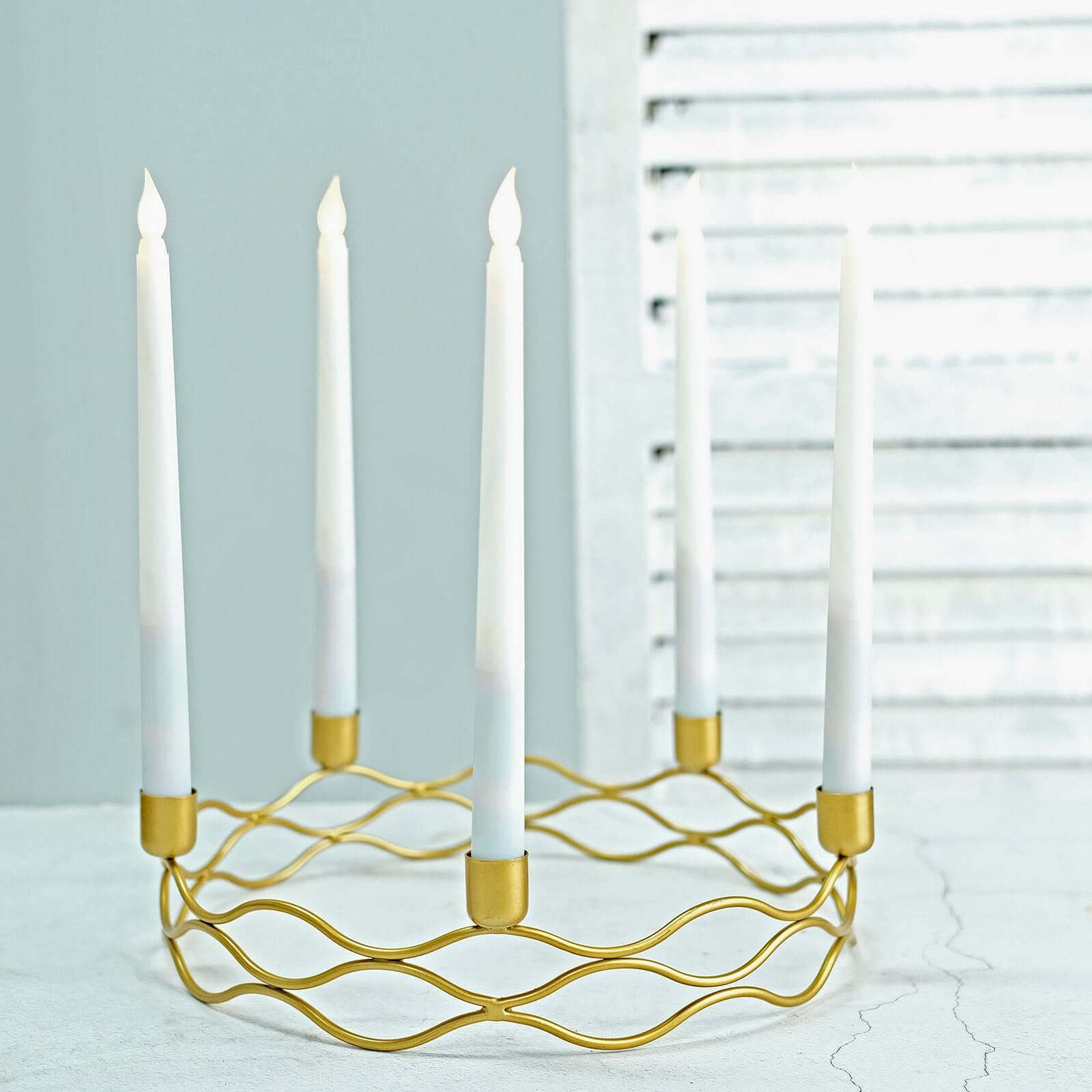 Round Wreath Taper Candelabra 5 Arm Gold Metal Decorative Centerpiece - Tabletop Candle Holder 12