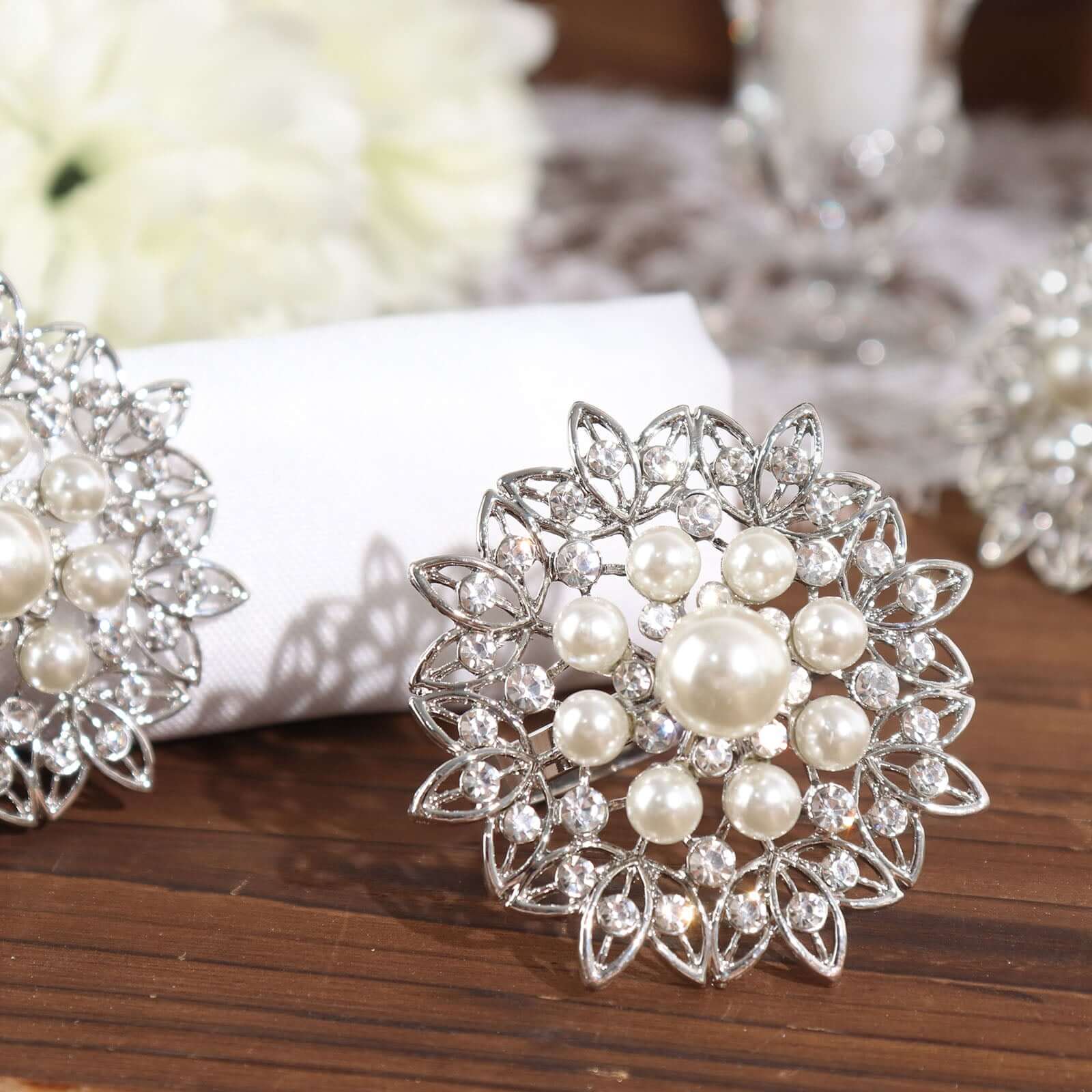 4 Pack Pearl And Diamond Rhinestone Flower Silver Metal Napkin Rings, Decorative Napkin Buckle Holders