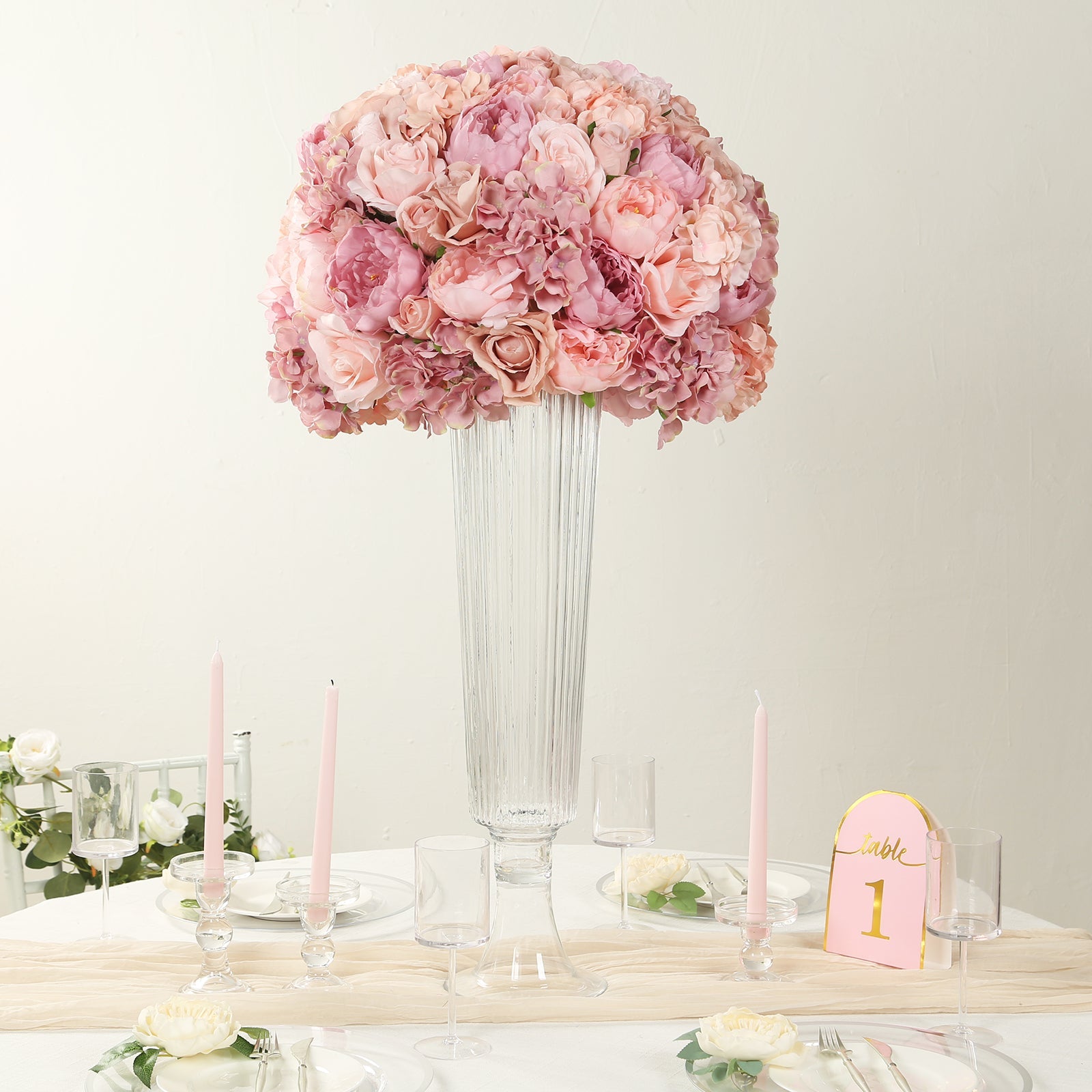 Pre-Arranged Silk Rose Bouquet Floral Arrangement Table Decor, Large Blush Artificial Rose Flower Balls Wedding Centerpieces - 20