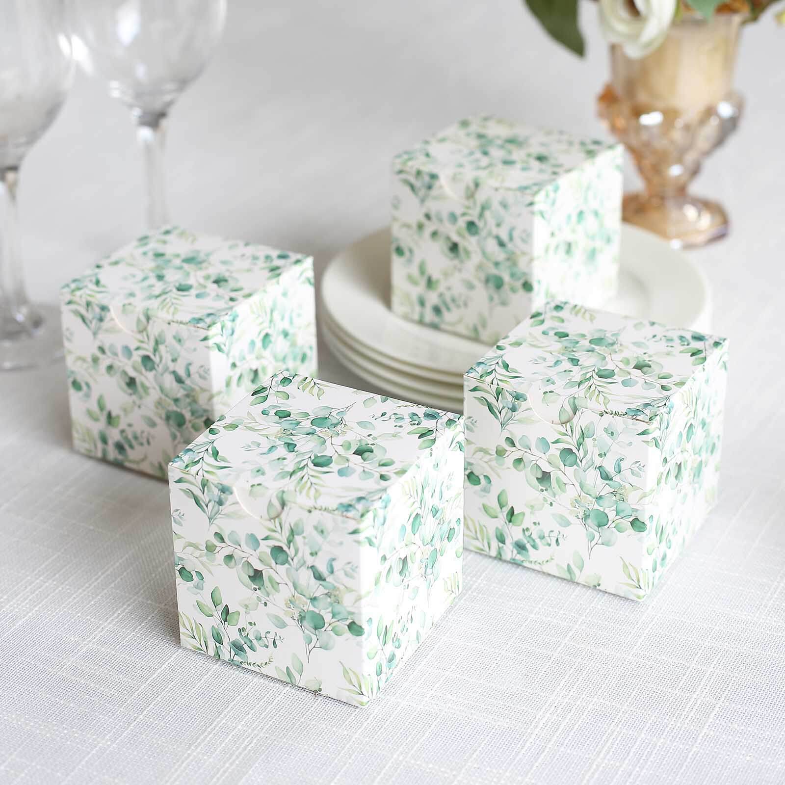 25 Pack White Green Eucalyptus Leaves Print Paper Favor Boxes, Cardstock Party Shower Candy Gift Boxes - 3x3x3