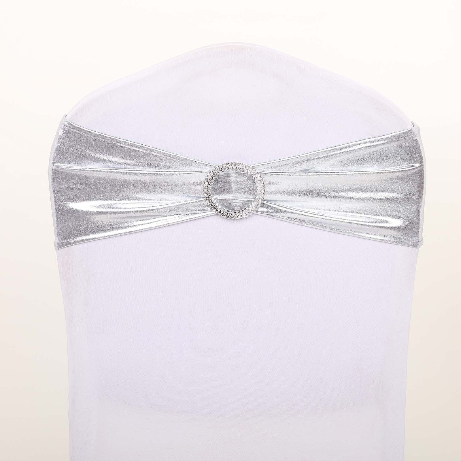 5 Pack Metallic Spandex Chair Sashes Silver - Stretch Fit Chair Bands With Round Diamond Buckles