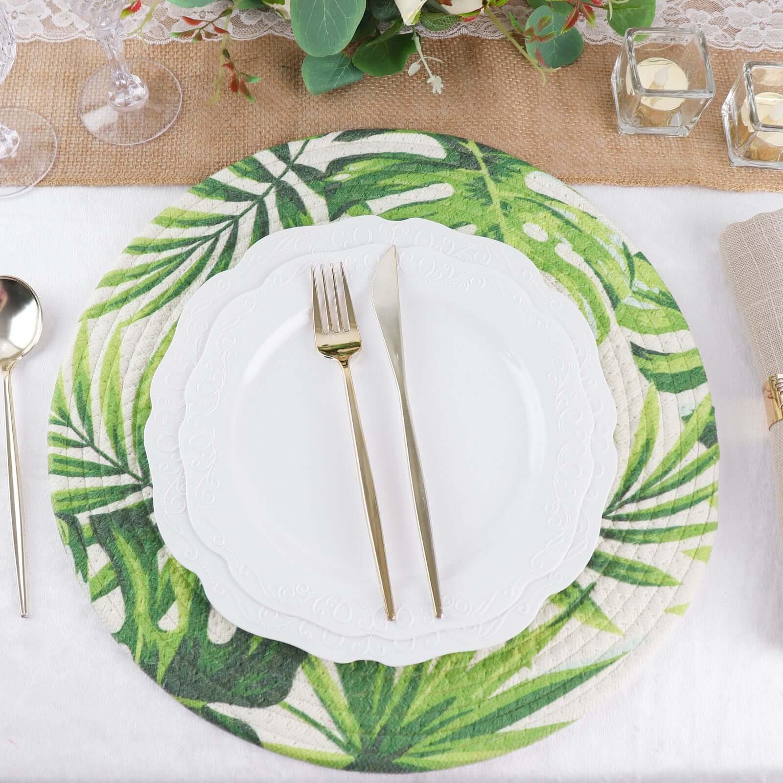 4-Pack Table Placemats Tropical Leaf Design Green Cotton Round - Woven Indoor/Outdoor Dining Mats 15