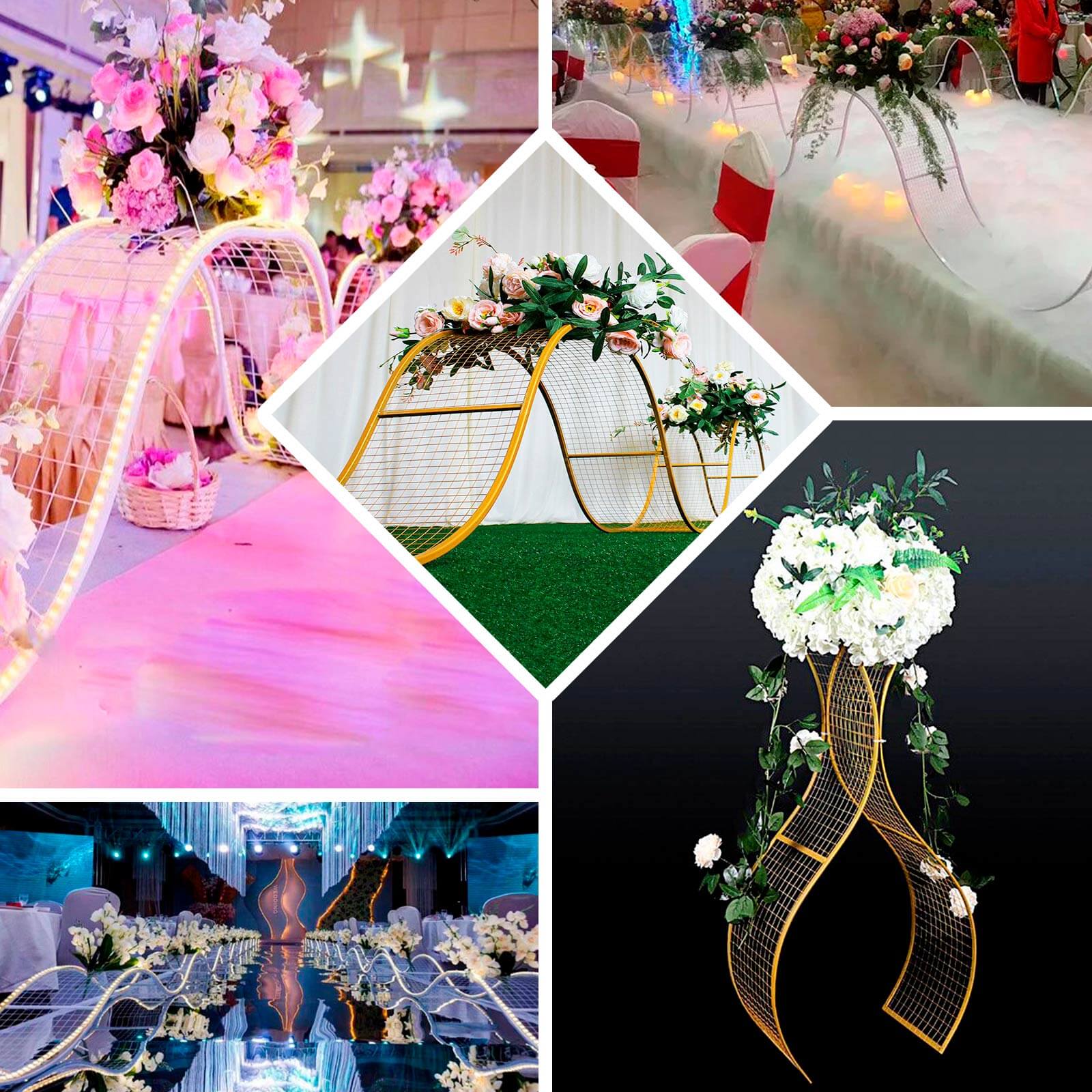 7ft Gold Metal Lattice Grid S-Shaped Wedding Arch Aisle Display Decor, Wavy Flower Frame Backdrop Stand