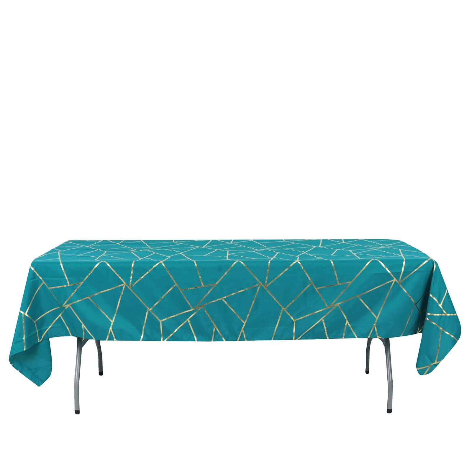 Polyester 60x102 Rectangle Tablecloth Teal with Gold Foil Geometric Pattern - Wrinkle-Resistant & Durable Table Cover