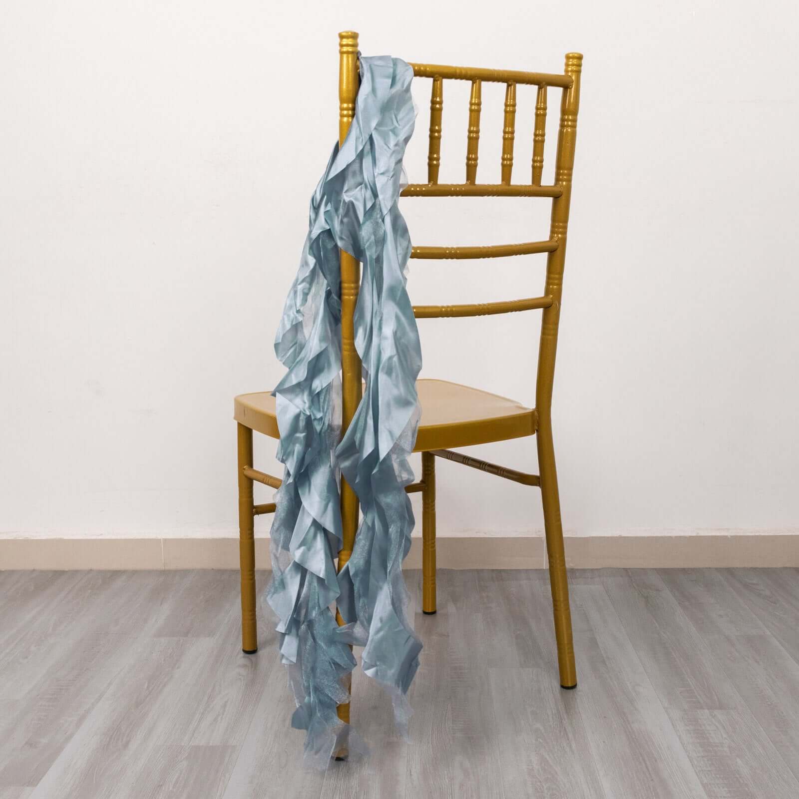 5 Pack Chiffon Satin Chair Sashes Dusty Blue - Easy to Install Ruffled Curly Willow