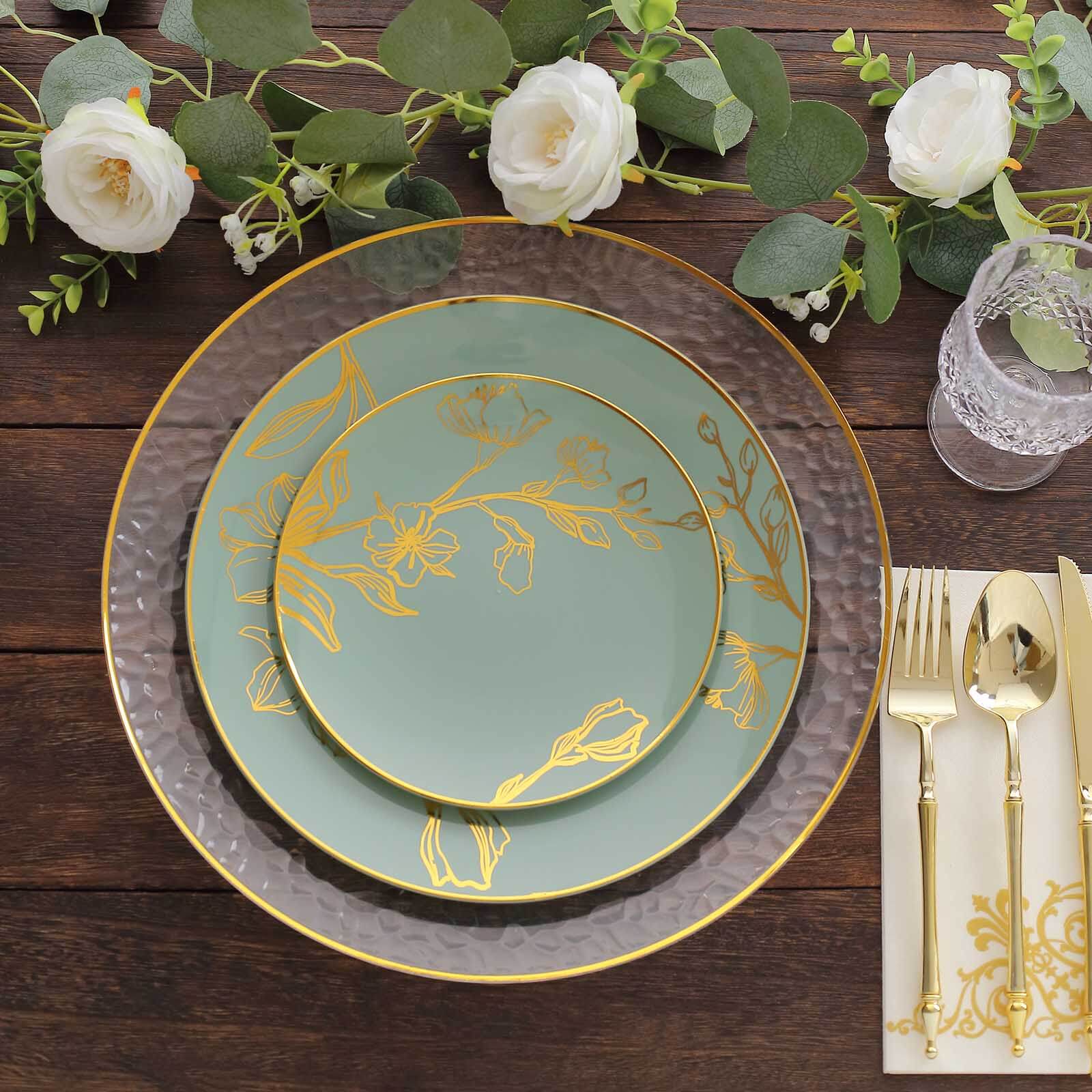 Set of 20 Plastic Round Dinner and Dessert Plates in Dusty Sage Green with Metallic Gold Floral Design - Stylish Disposable Dinnerware 8, 10