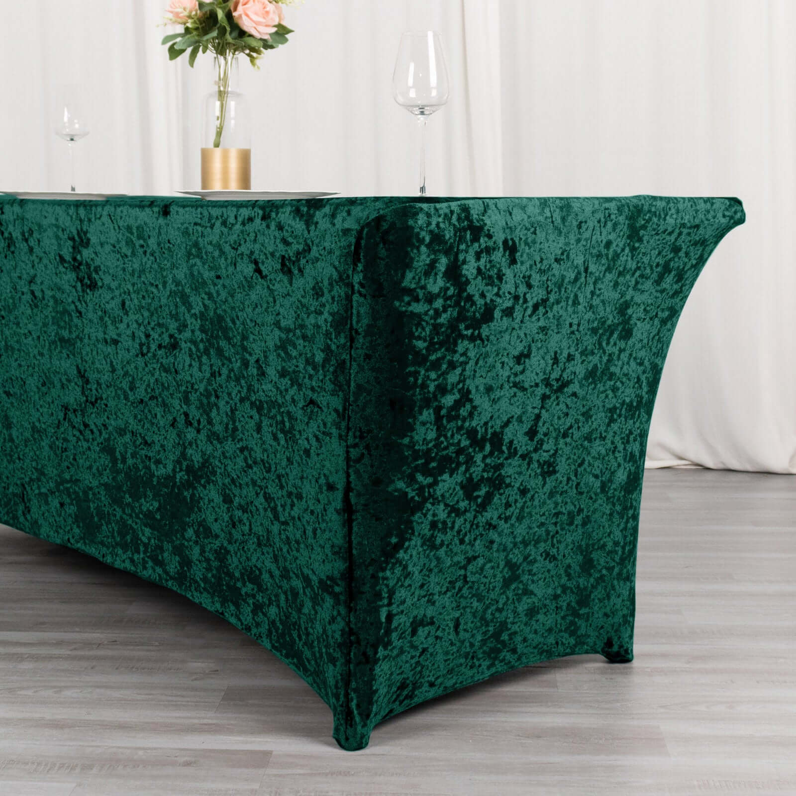 Crushed Velvet Fitted Rectangular 6ft Table Cover Hunter Emerald Green - Wrinkle-Free Stretchy Tablecloth