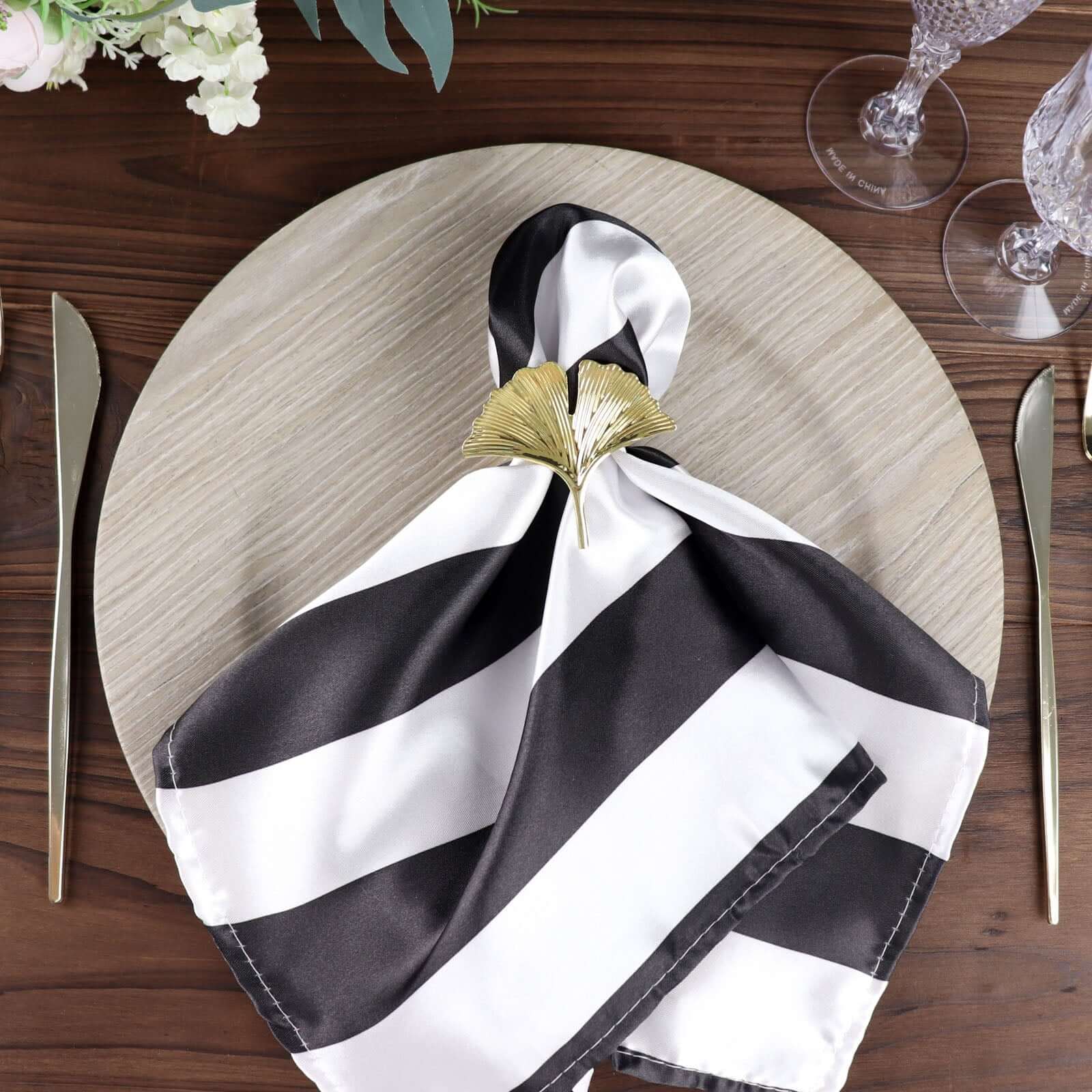 5 Pack Satin 20x20 Napkins Black/White - Striped Reusable Dinner Napkins for Formal & Casual Dining