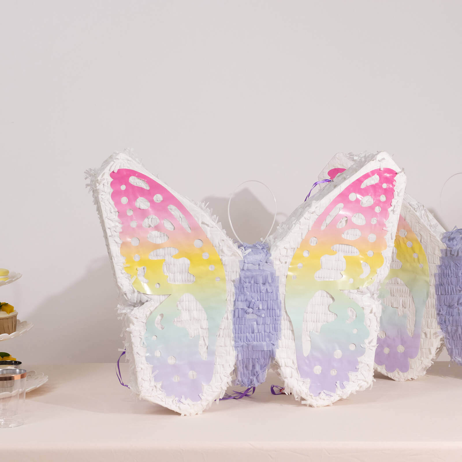 Expandable White Lilac Paper Butterfly Pinata Hanging Decor with Pastel Colored Wings, Fairy Themed Birthday Party Pinata - 23x19