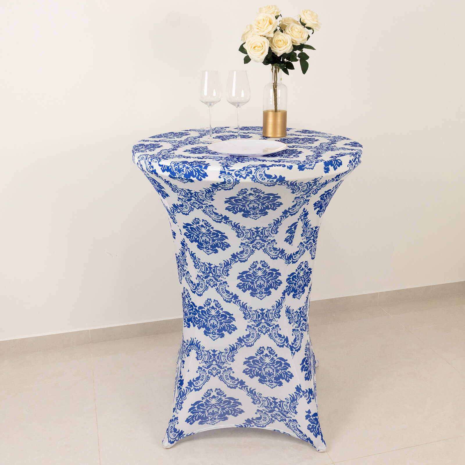 Spandex 24-32 Round Cocktail Table Cover Royal Blue Damask Highboy Tables - Easy to Maintain Stretch Fitted Tablecloth