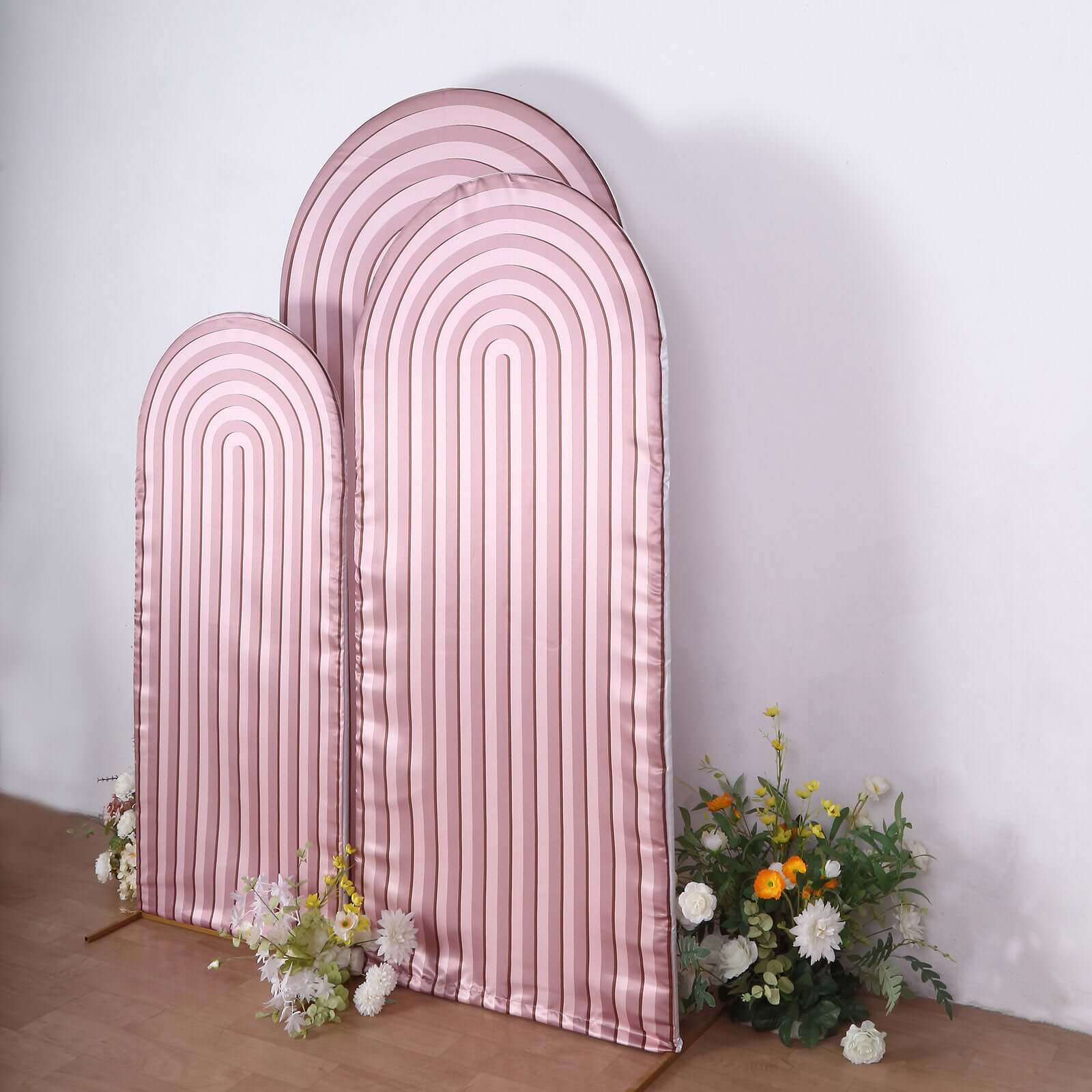 Set of 3 Dusty Rose Ripple Satin Chiara Wedding Arch Covers, Fitted Covers For Round Top Backdrop Stands - 5ft,6ft,7ft