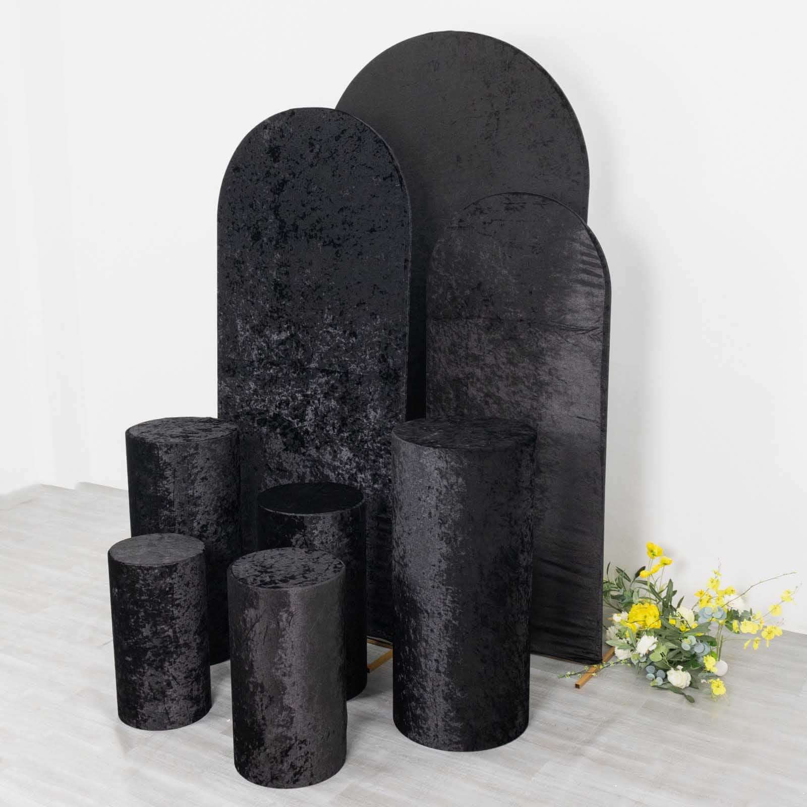 Set of 5 Black Crushed Velvet Cylinder Pedestal Stand Covers, Premium Pillar Prop Covers