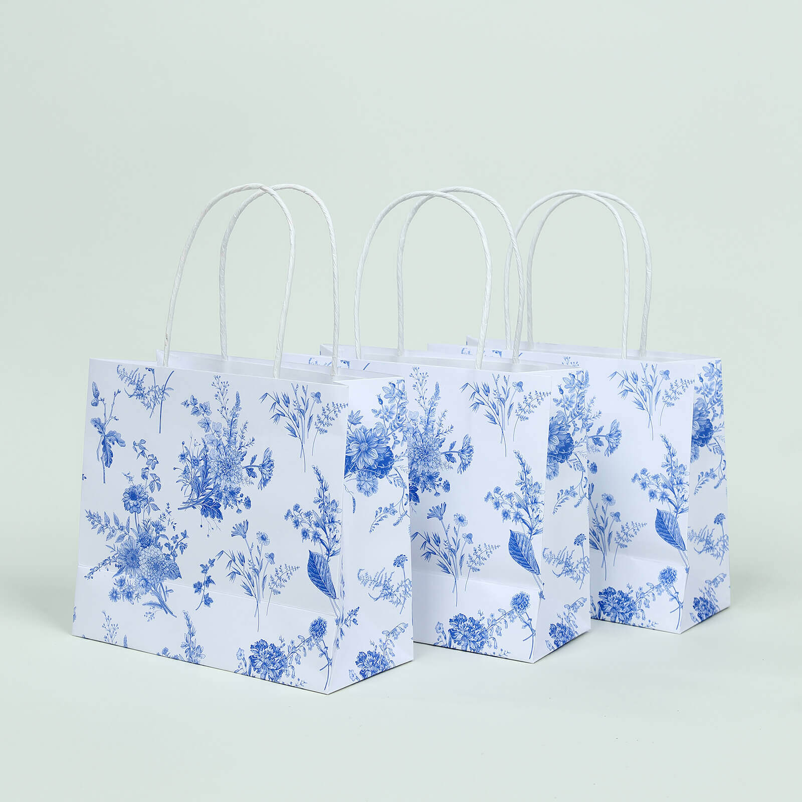 12 Pack White Blue Paper Gift Bags With Handles in French Toile Pattern, Party Favor Goodie Bags - 6x7