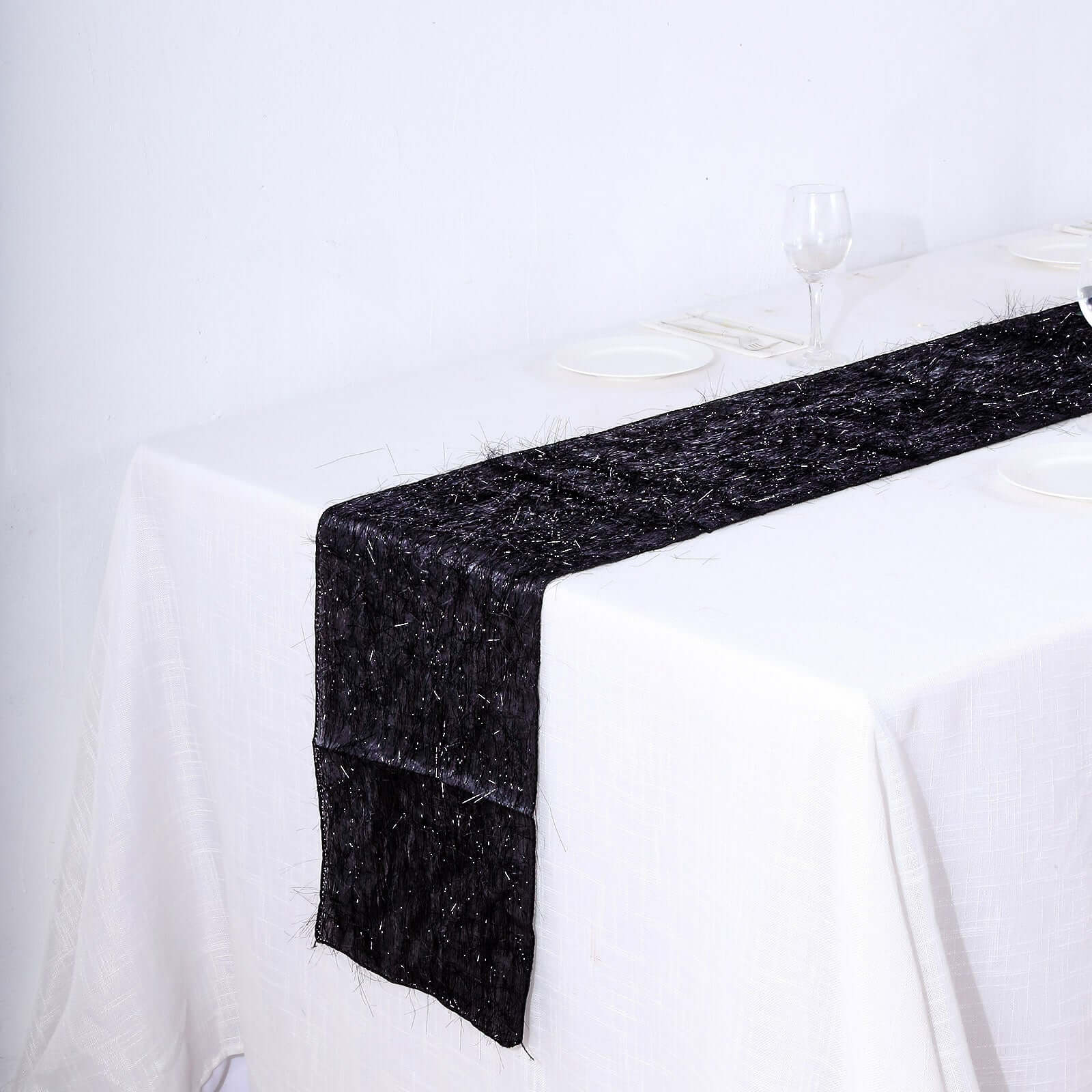 Metallic Tinsel Polyester 12x108 Table Runner Black - Shimmery Fringe Shag Table Decor