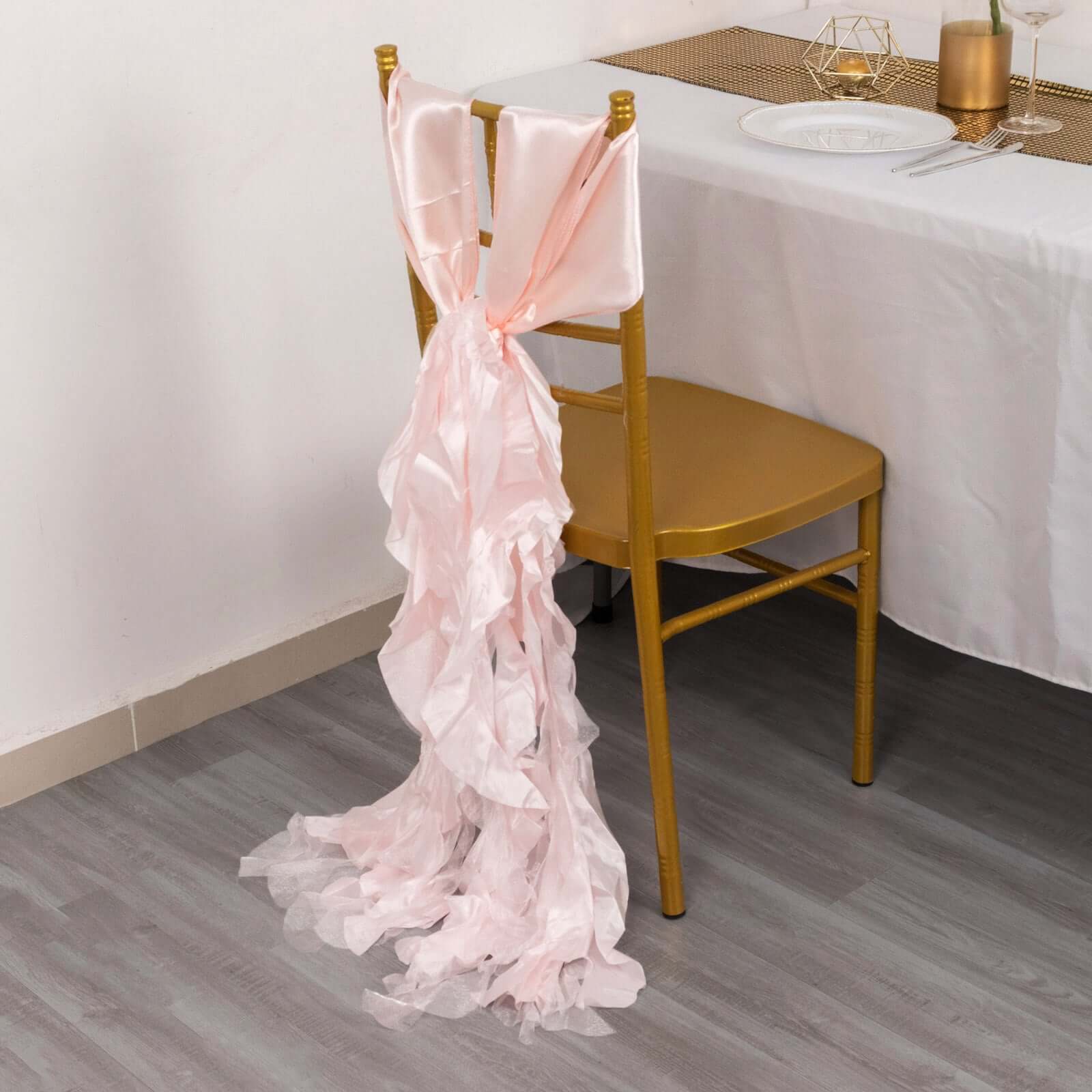 5 Pack Chiffon Satin Chair Sashes Blush - Easy to Install Ruffled Curly Willow