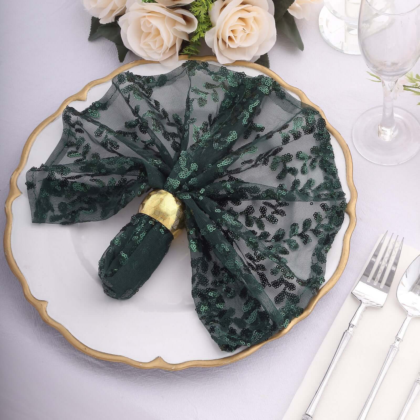 Sequin Tulle 20x20 Napkin Hunter Emerald Green - Embroidered Leaf Vine Dinner Napkins