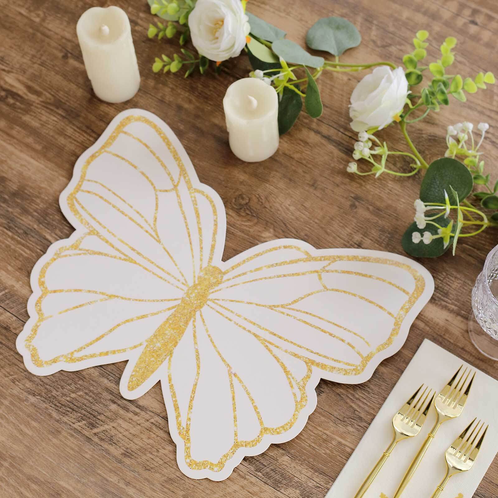 10-Pack Disposable Table Placemats with White Butterfly Design & Gold Glitters - 400GSM Cardboard Placemats for Kids' Parties, Baby Showers & Celebrations 14