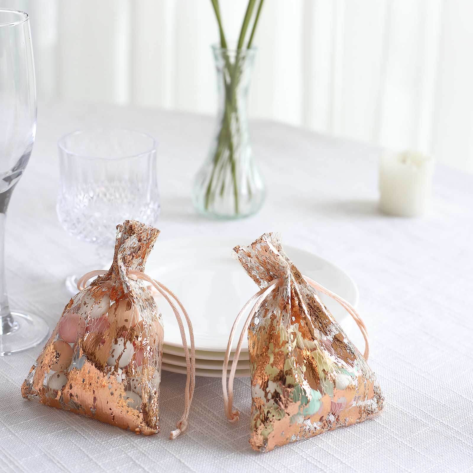 12 Pack Metallic Rose Gold Foil Polyester Drawstring Candy Bags, Wedding Party Favor Bags - 4x5