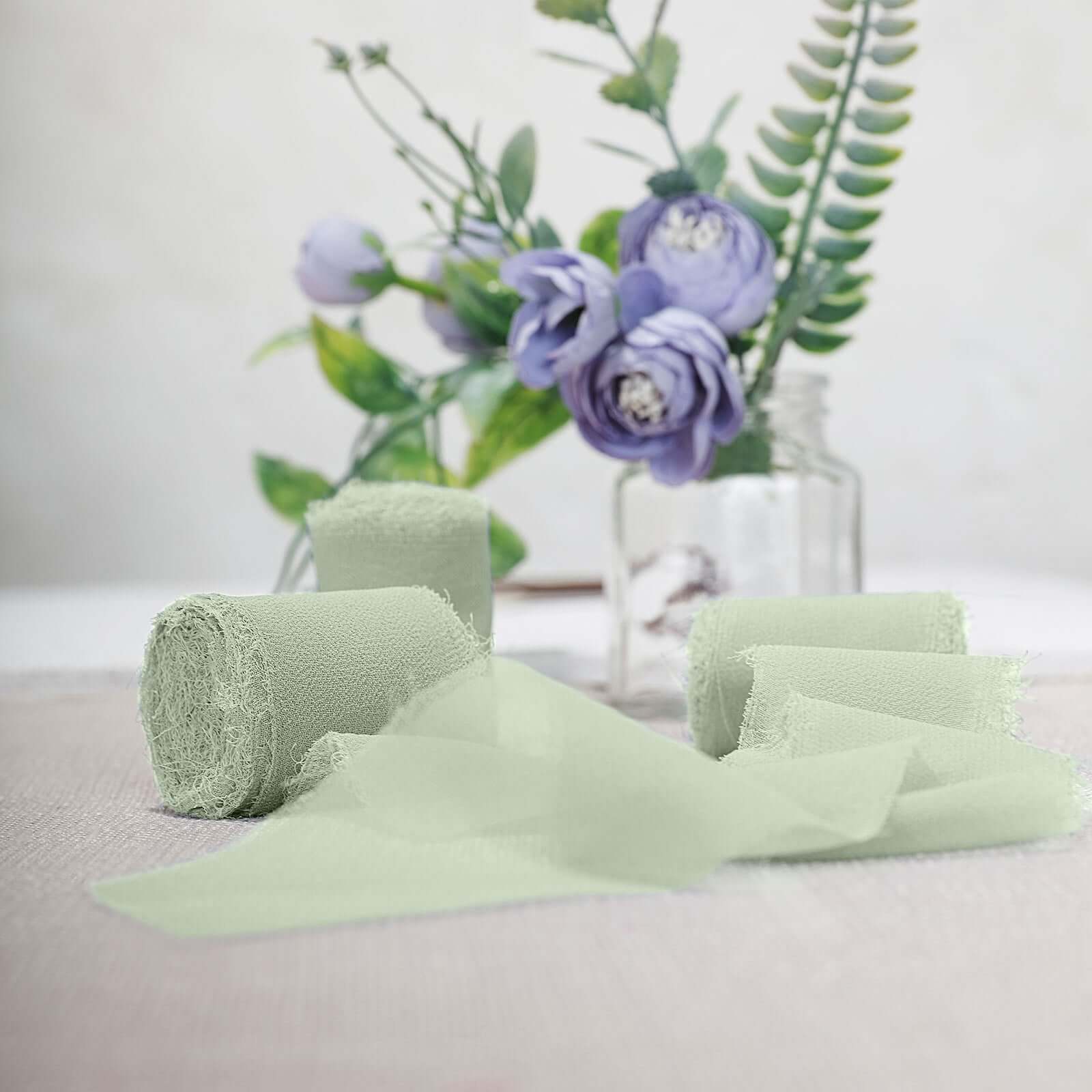 2 Pack 6yds Sage Green Silk-Like Chiffon Ribbon Roll, DIY Wedding Bouquet Linen Wrap