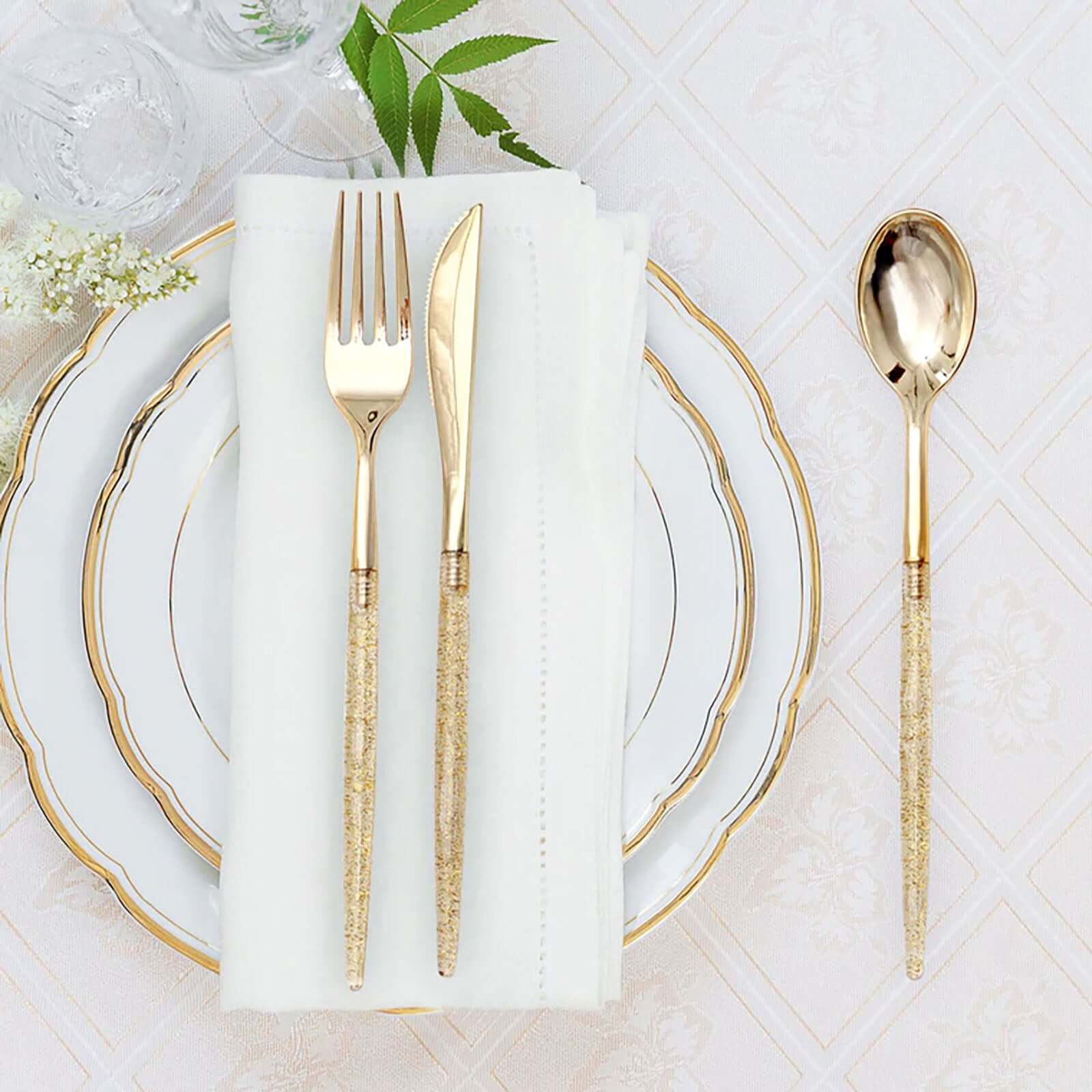 24-Pack Plastic Cutlery Set Metallic Gold with Gold Glitter - Stylish Disposable Silverware-Pack 8