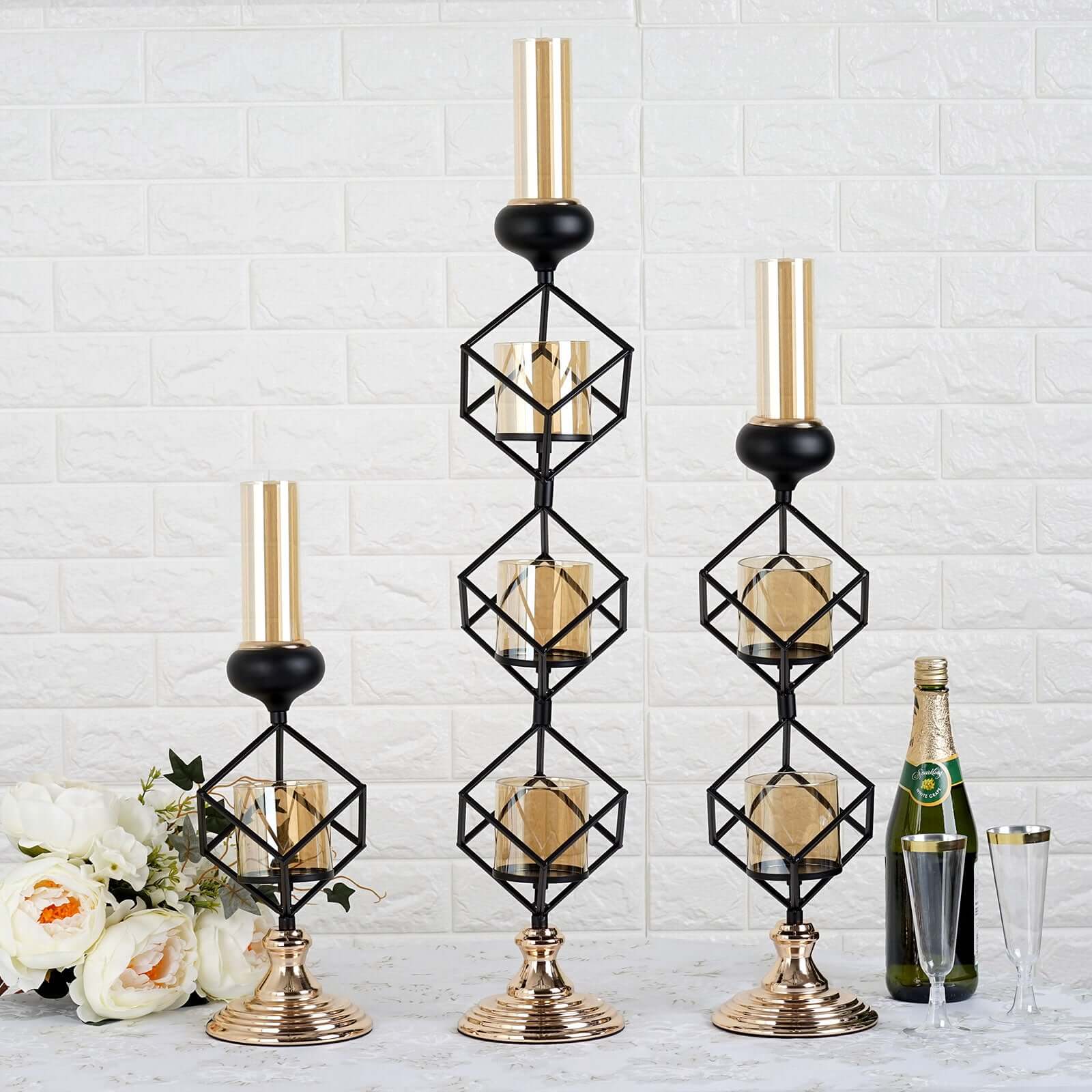 3-Tier Candle Holder Black Geometric Design with Amber Glass Votives & Gold Trim - Modern Decor for Weddings 28 Tall