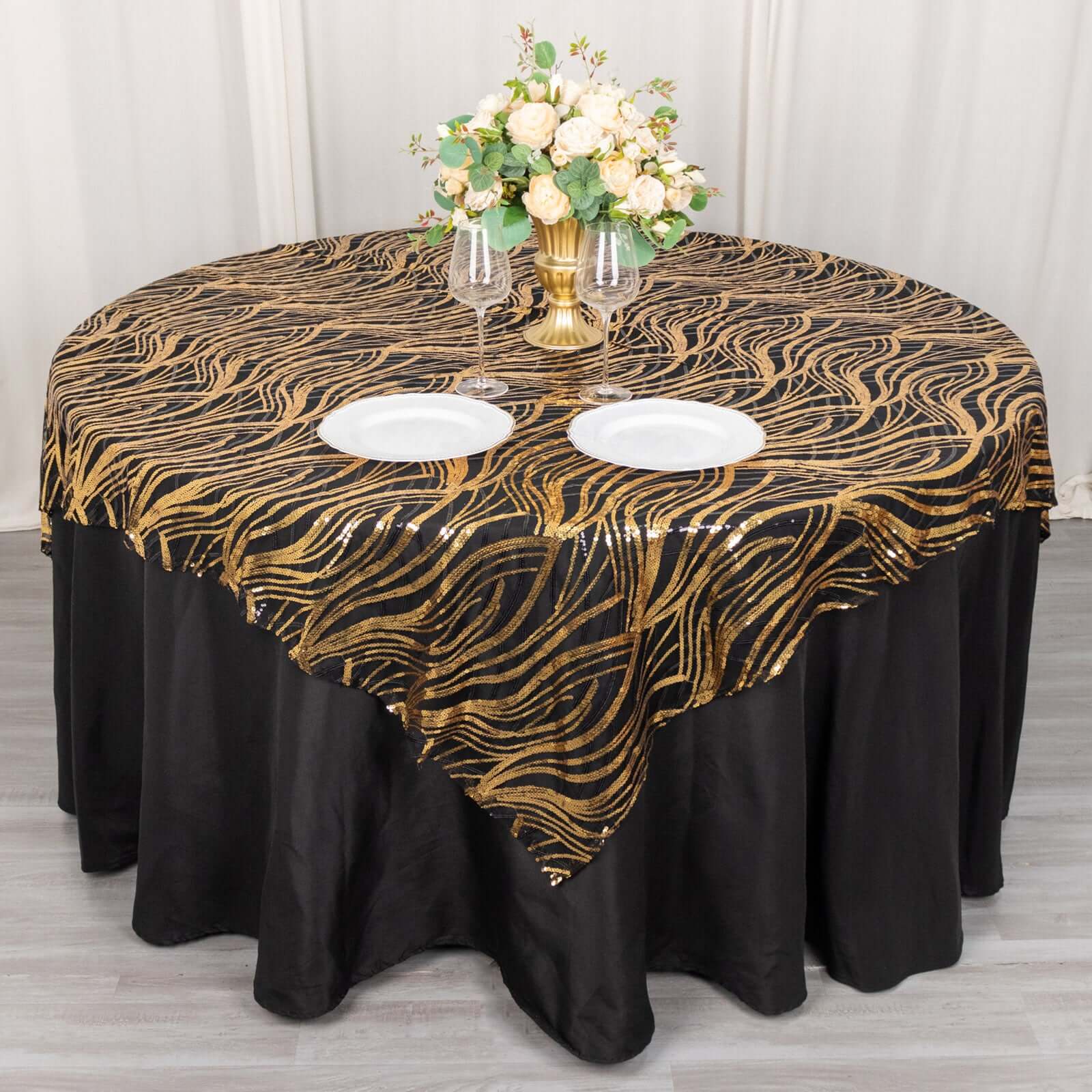 Mesh 72x72 Table Overlay Square Tablecloth Black Gold - Wave Embroidered Sequins Table Topper