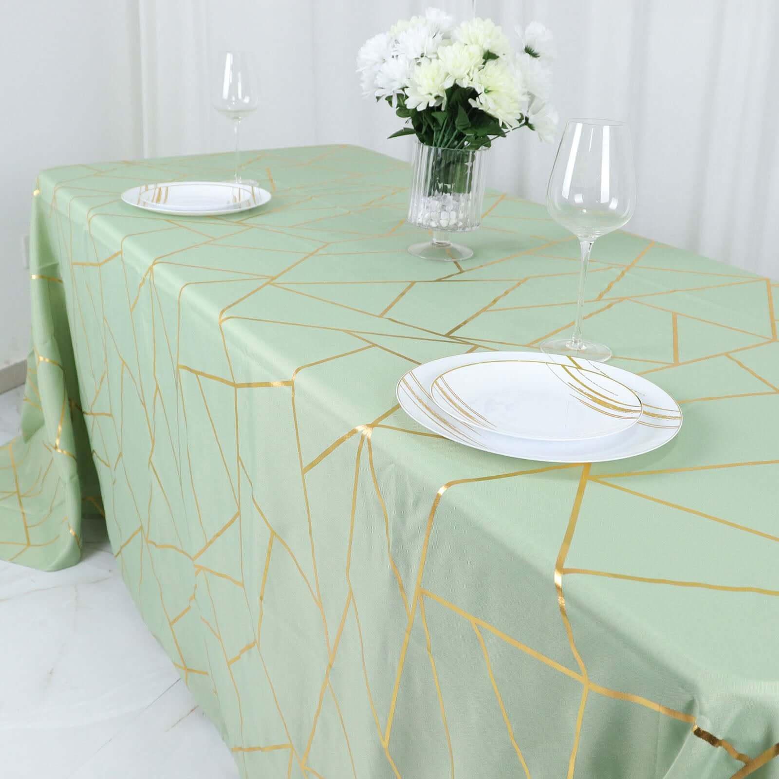 Polyester 90x132 Rectangle Tablecloth Sage Green with Gold Foil Geometric Pattern - Wrinkle-Resistant Seamless Table Cover