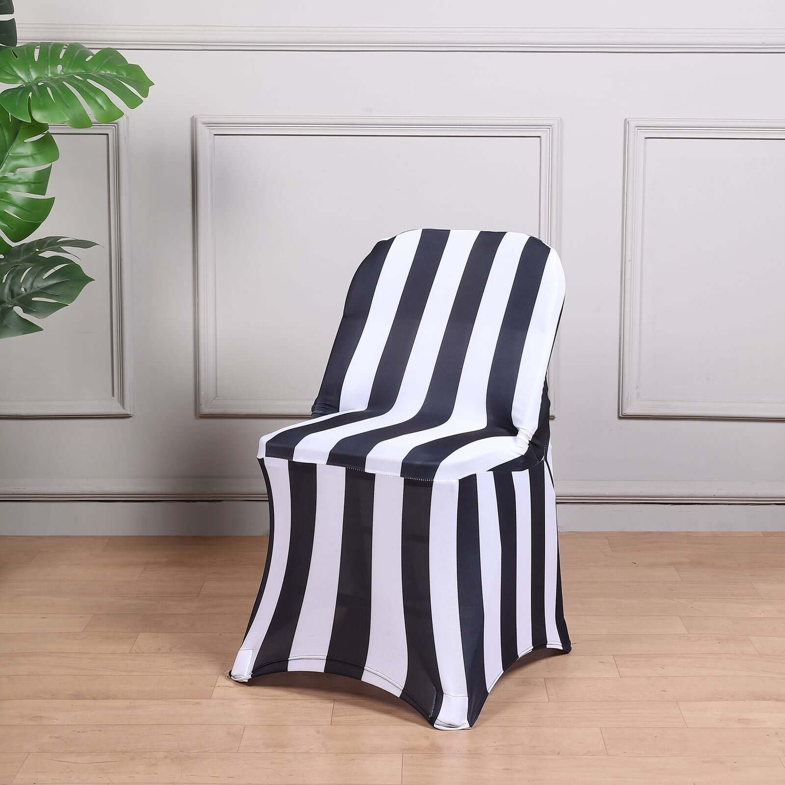 Stretch Spandex Chair Cover Black/White for Folding Chairs - 2 Striped Wrinkle Resistant Classy 160GSM Fitted Slipcover With Foot Pockets