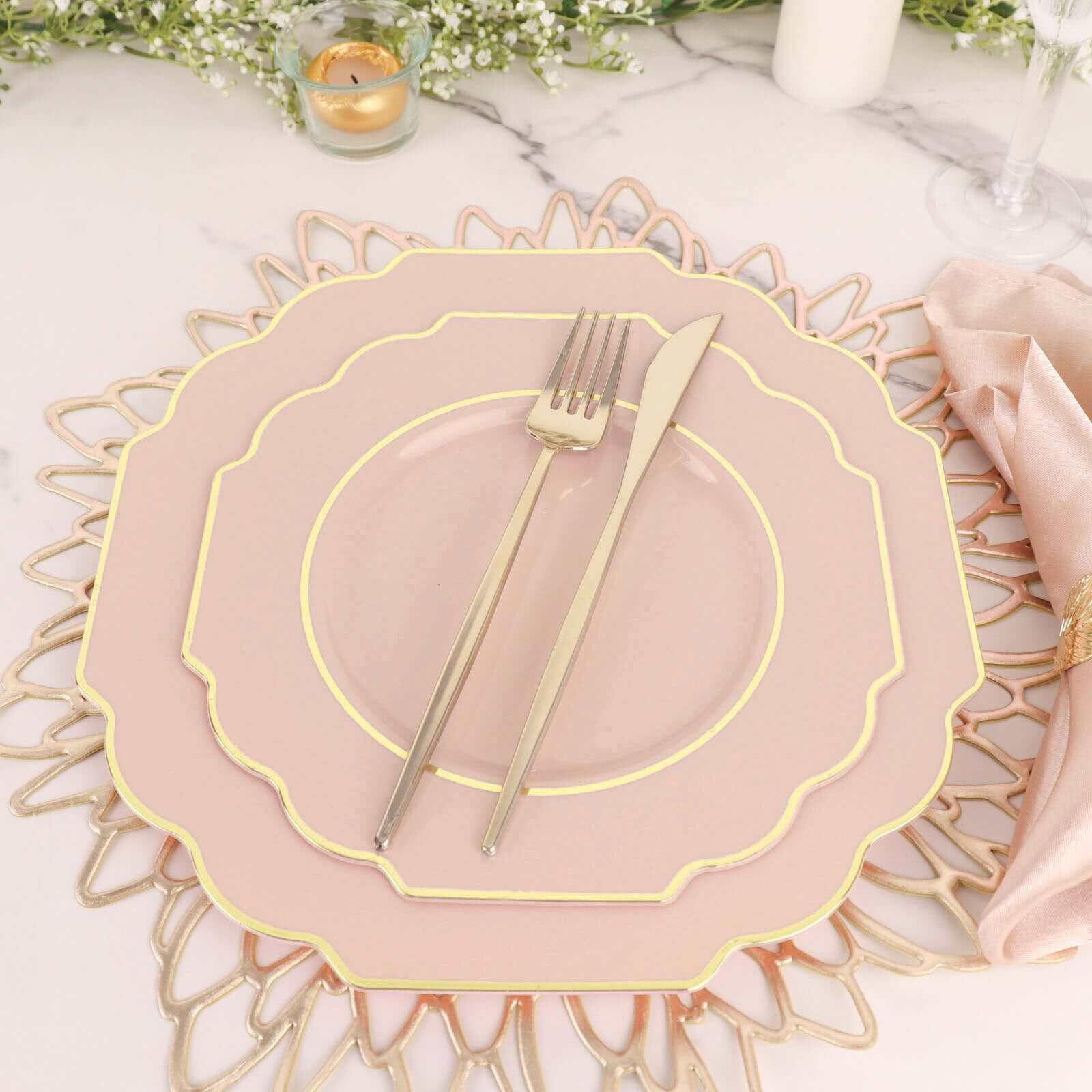 10-Pack Plastic Dinner Plates in Blush Baroque Design with Scalloped Gold Rim - Heavy Duty Disposable Party Plates 11