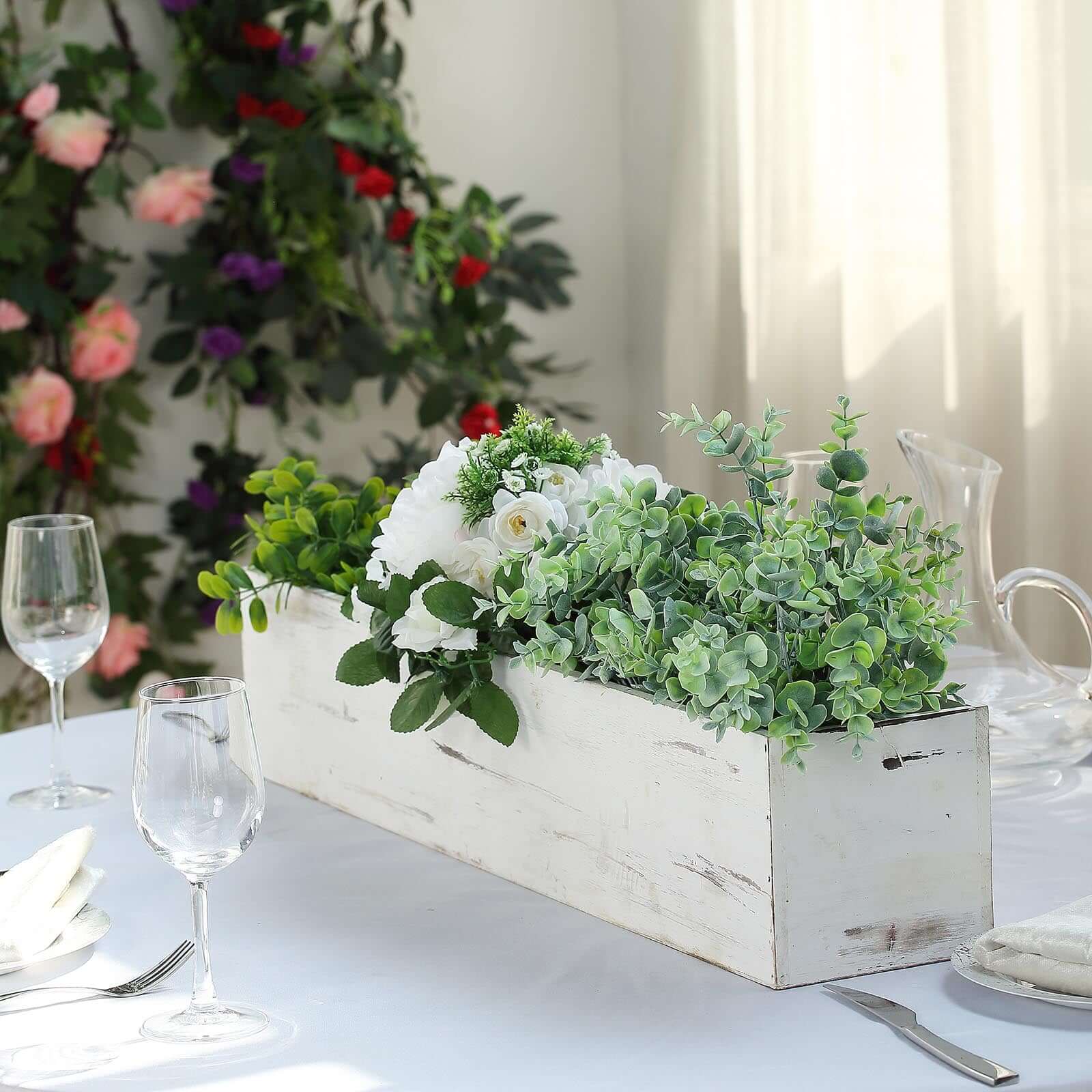 White Wood Planter Rectangular Box 30x6- Durable Decor with Removable Plastic Liner for Tables