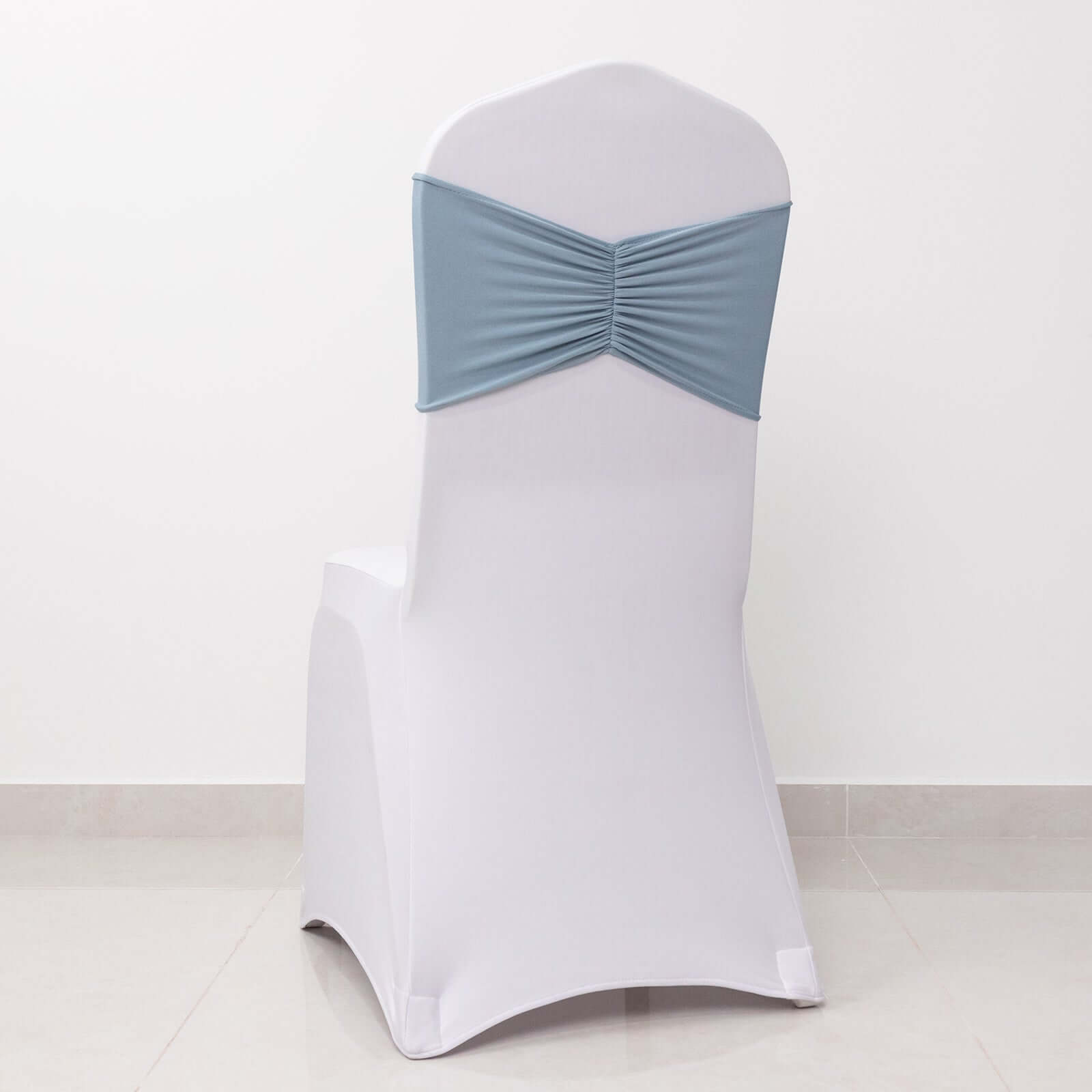 5 Pack Spandex Chair Sashes Dusty Blue Ruffled Style - Wide Easy to Use Stretch Chair Bands 8x13