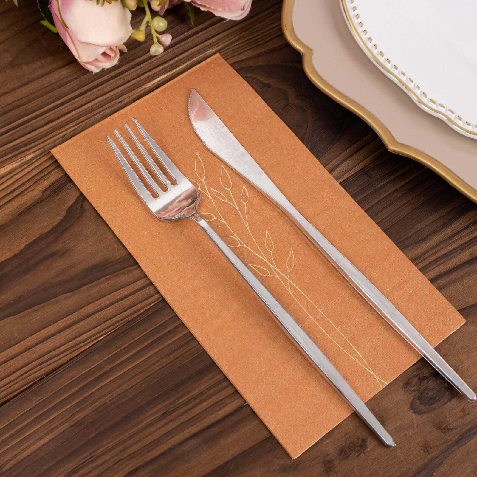 50-Pack Paper Dinner Napkins Terracotta (Rust) with Gold Embossed Leaf - Stylish 2-Ply Disposable Napkins for Weddings 18GSM