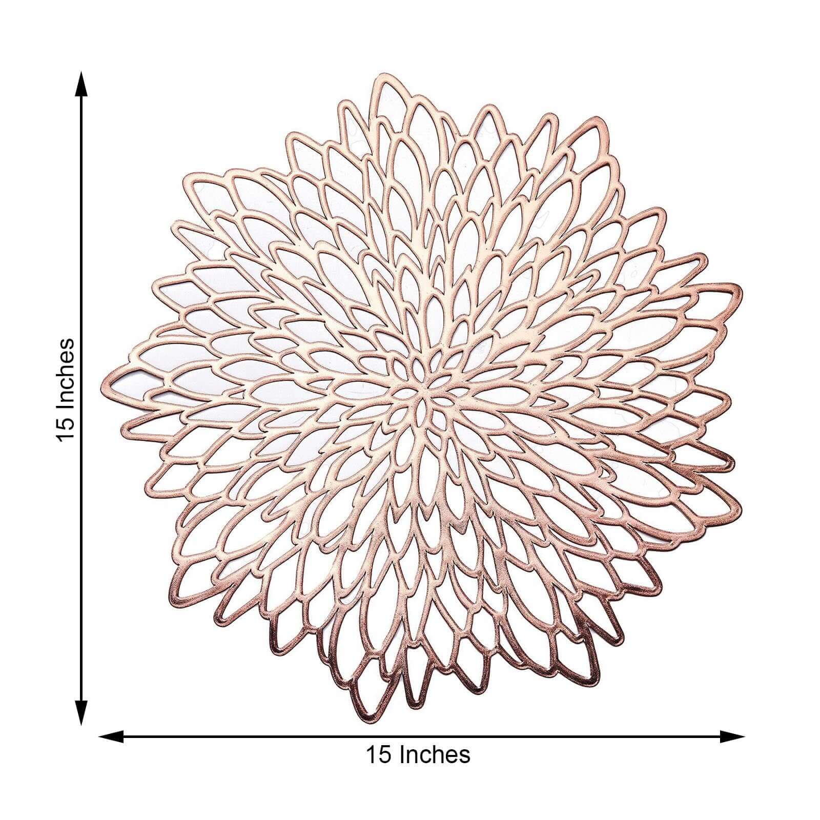 6-Pack Dining Table Mats Floral Design Rose Gold - Metallic Vinyl Round Non-Slip Mats for Tables 15