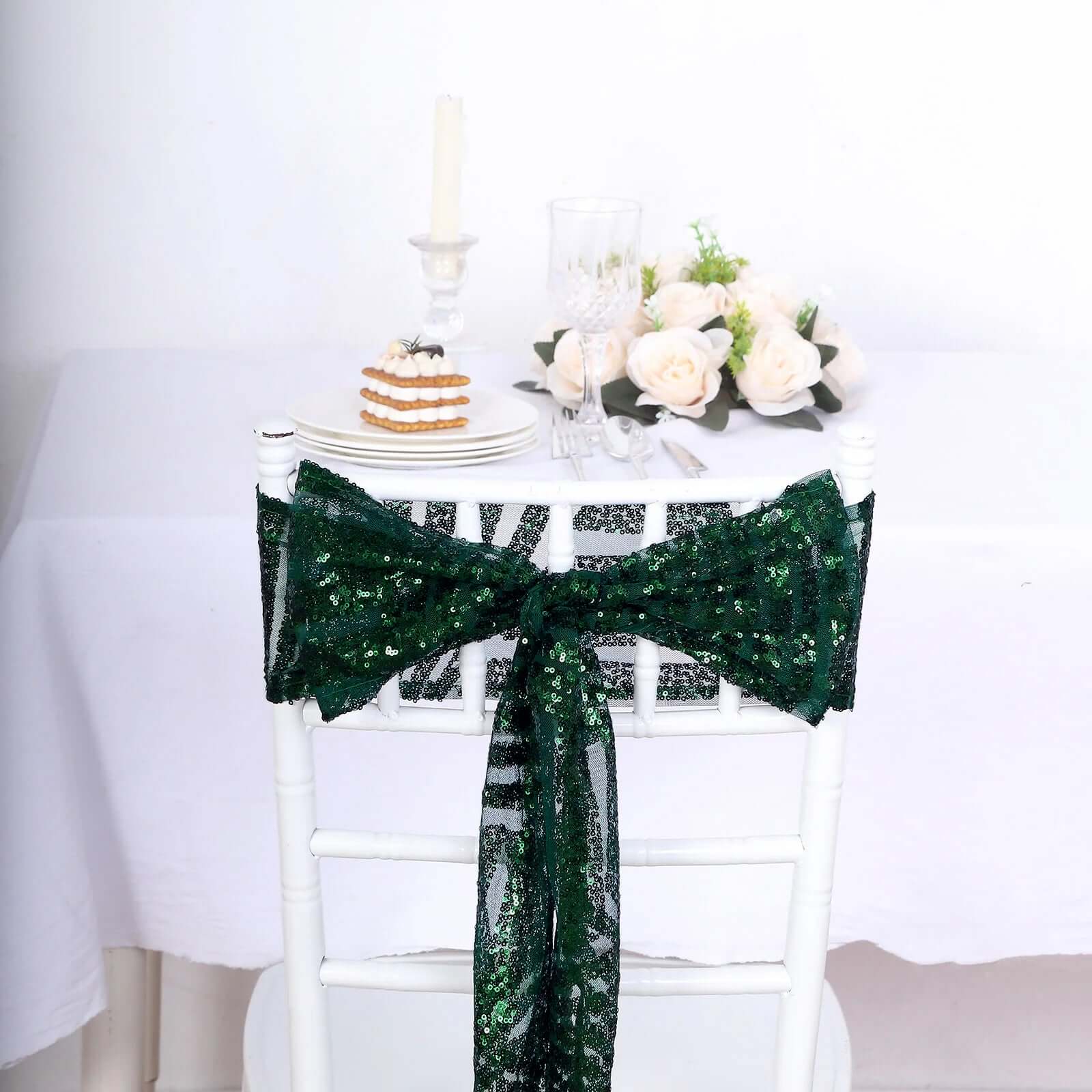 5 Pack Glitz Sequin Chair Sashes with Geometric Diamond Design 6x88 Hunter Emerald Green