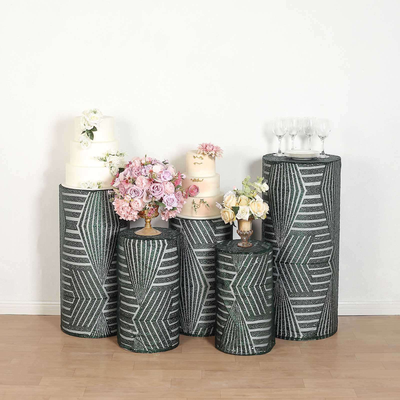 Set of 5 Hunter Emerald Green Sequin Mesh Cylinder Pedestal Stand Covers with Geometric Pattern Embroidery, Sparkly Sheer Tulle Pillar Prop Covers