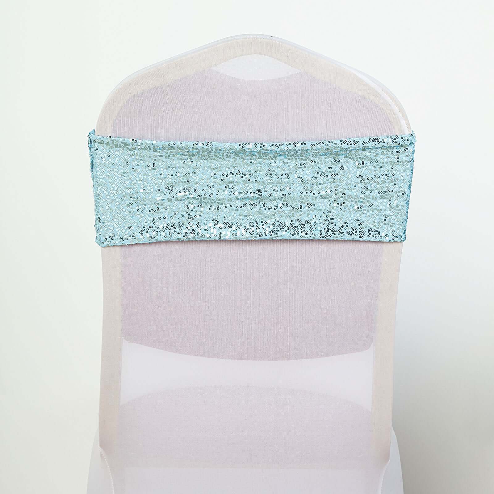 5 Pack Sequin Spandex Chair Sashes Serenity Blue - Stretch Chair Bands 6x15