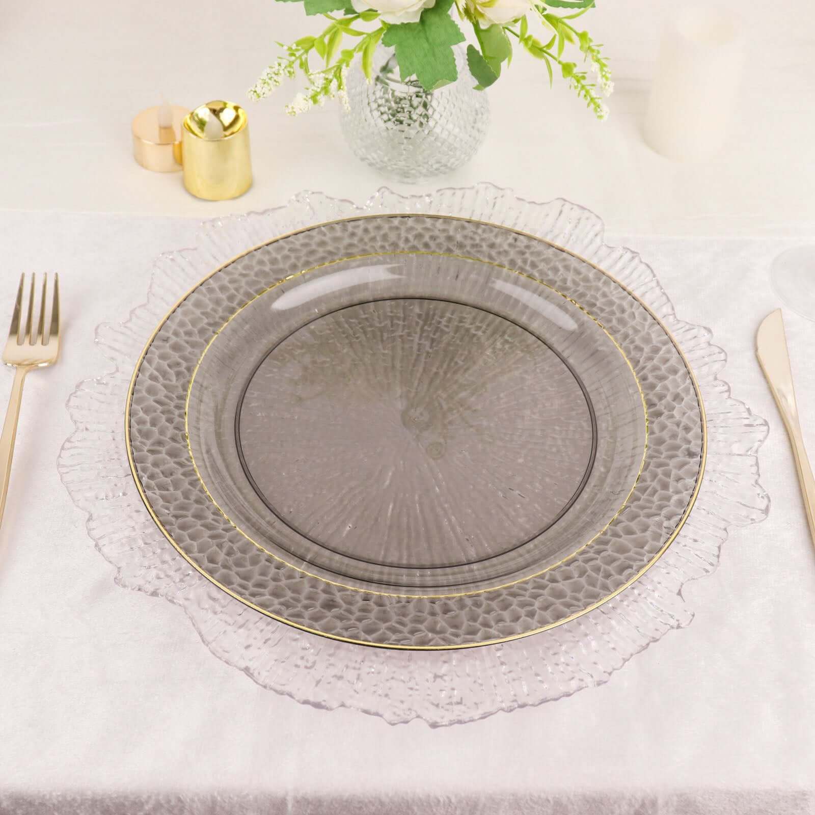 10-Pack Plastic 10 Round Dinner Plates in Opaque Black Hammered Design with Gold Rim - Disposable Party Plates for Chic Banquets & Special Occasions