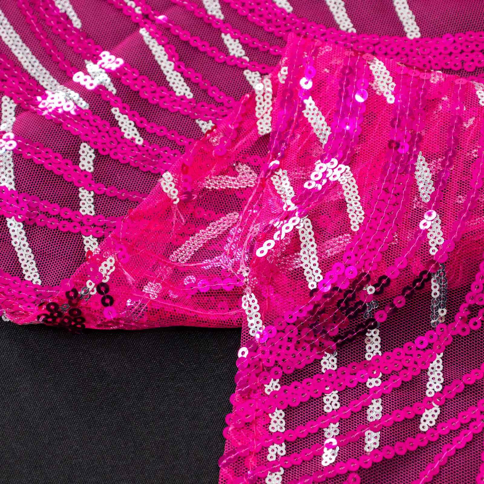 Mesh 72x72 Table Overlay Square Tablecloth Fuchsia Silver - Wave Embroidered Sequins Table Topper