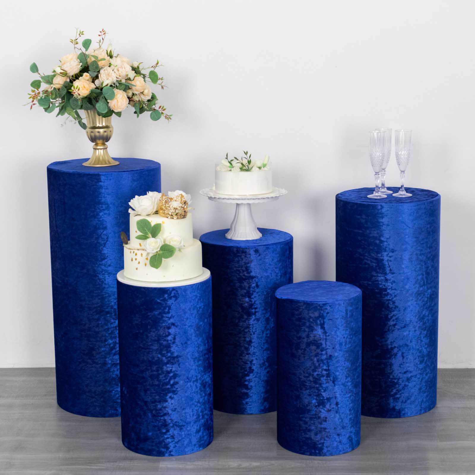 Set of 5 Royal Blue Crushed Velvet Cylinder Pedestal Stand Covers, Premium Pillar Prop Covers