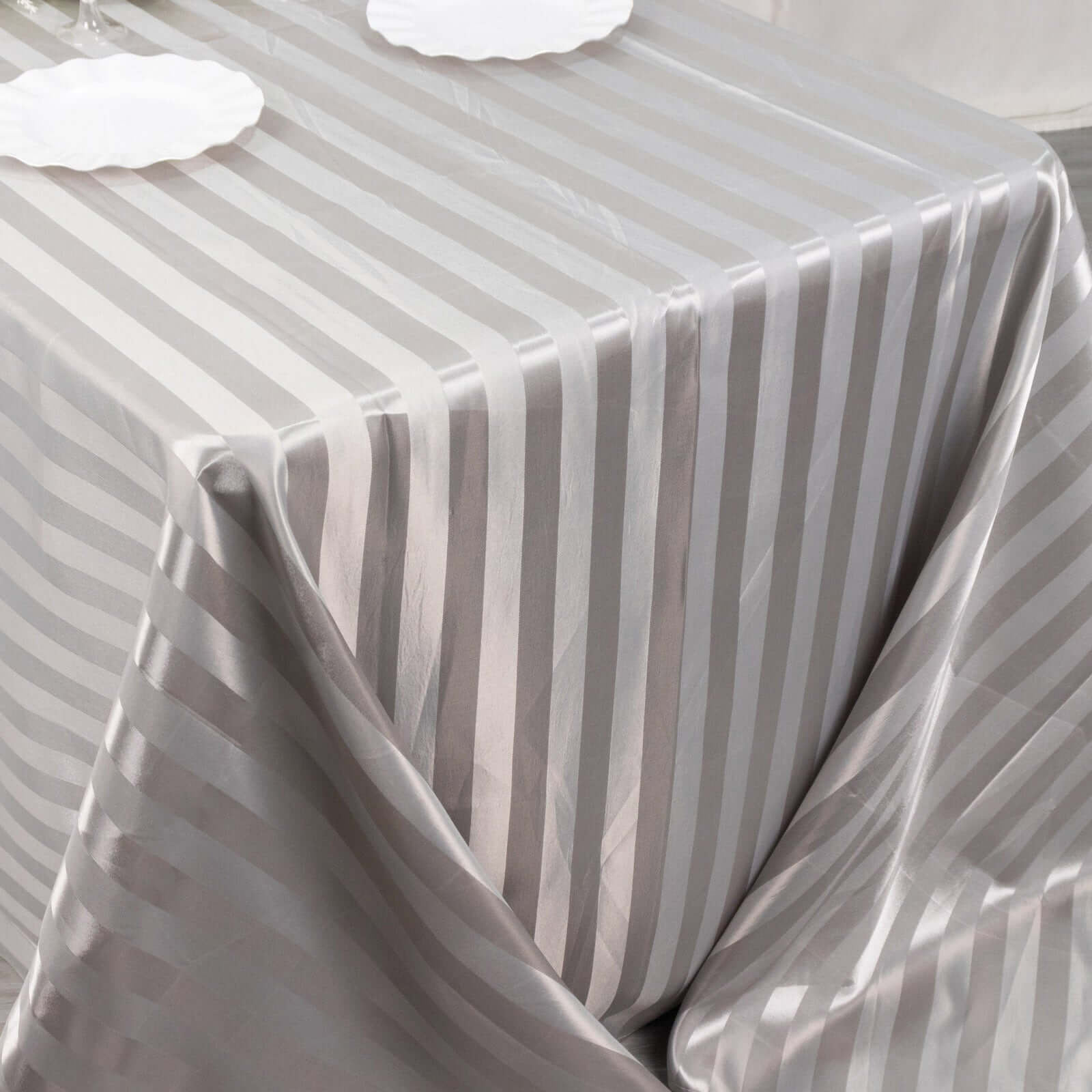 Satin Striped 90x132 Rectangular Tablecloth Silver Satin Stripe - Seamless Silky Smooth Table Cover