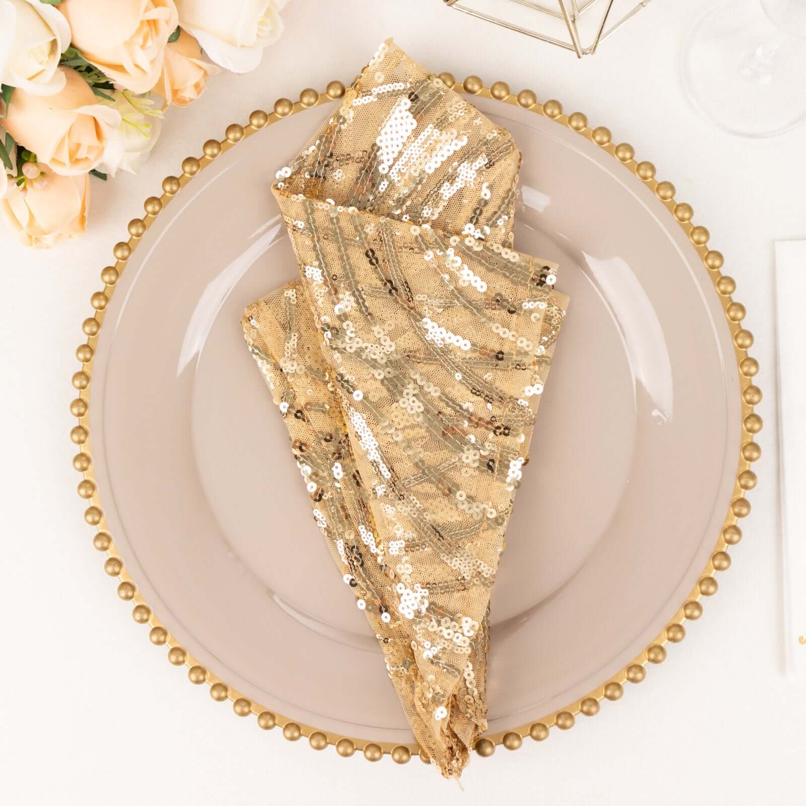 Sequin Mesh 20x20 Napkin Champagne Silver - Wave Embroidered Reusable Napkin