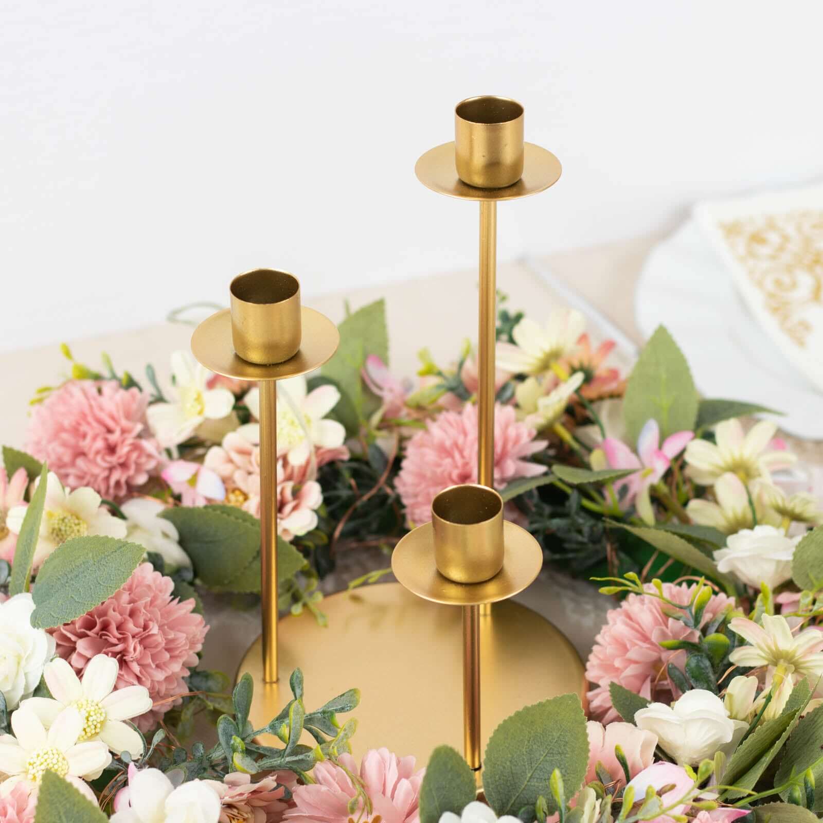 Vintage Candelabra 3-Arm Taper Candle Holder Gold Metal Wedding Table Centerpiece - Stylish Tabletop Accent 10