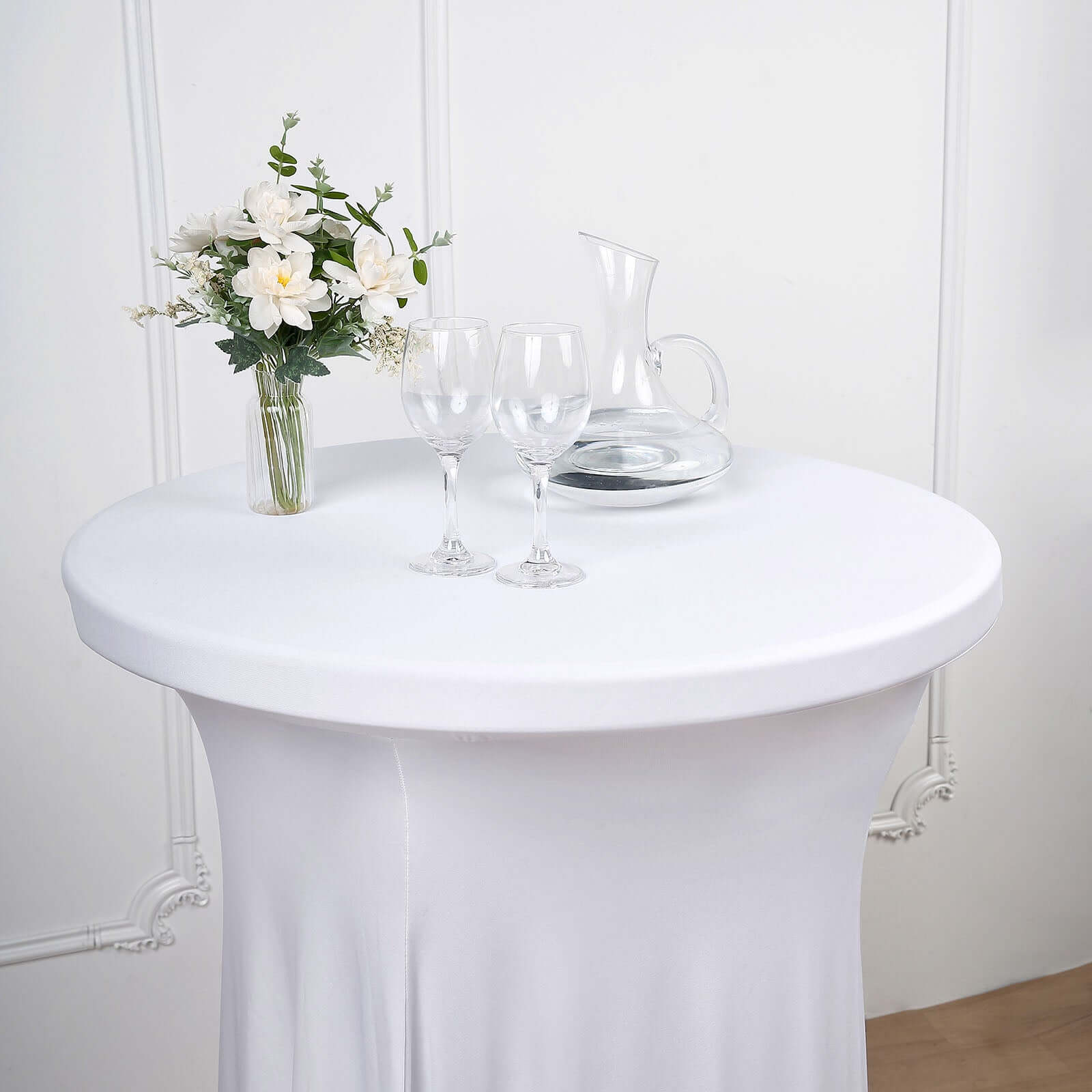 Spandex 32 Round Cocktail Table Cover Skirt White With Natural Wavy Drapes - Stylish & Sophisticated Event Decor